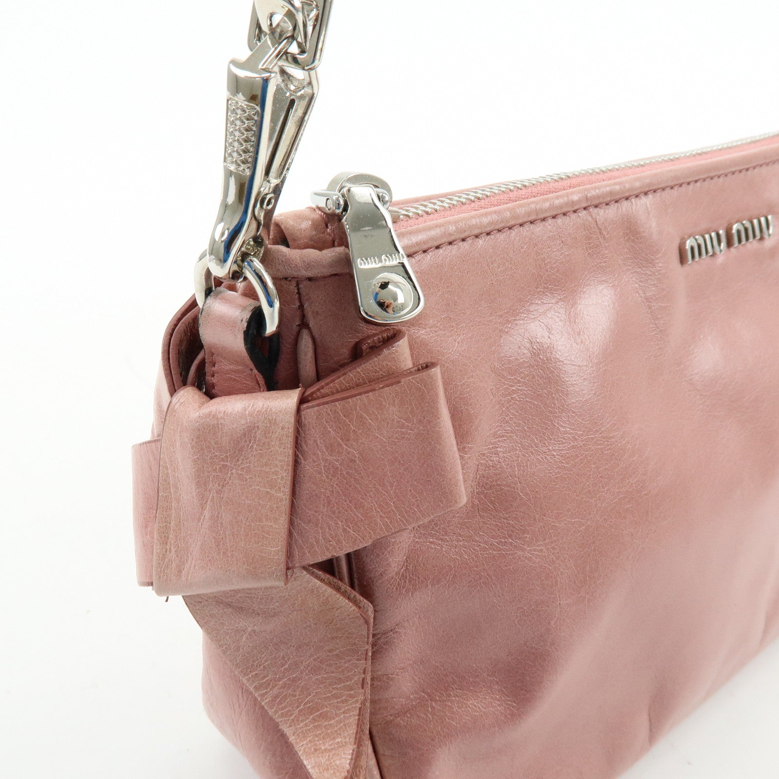 MIU MIU Side Ribbon Leather Shoulder Bag Hand Bag Pink RR1892