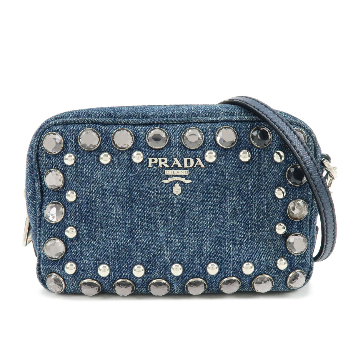 PRADA Logo Denim Shoulder Bag Crossbody Bag Rhinestone Blue