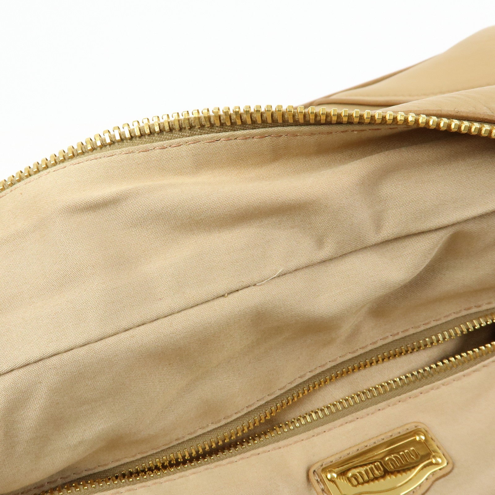 MIU MIU Logo Leather Hand Bag Boston Bag Beige