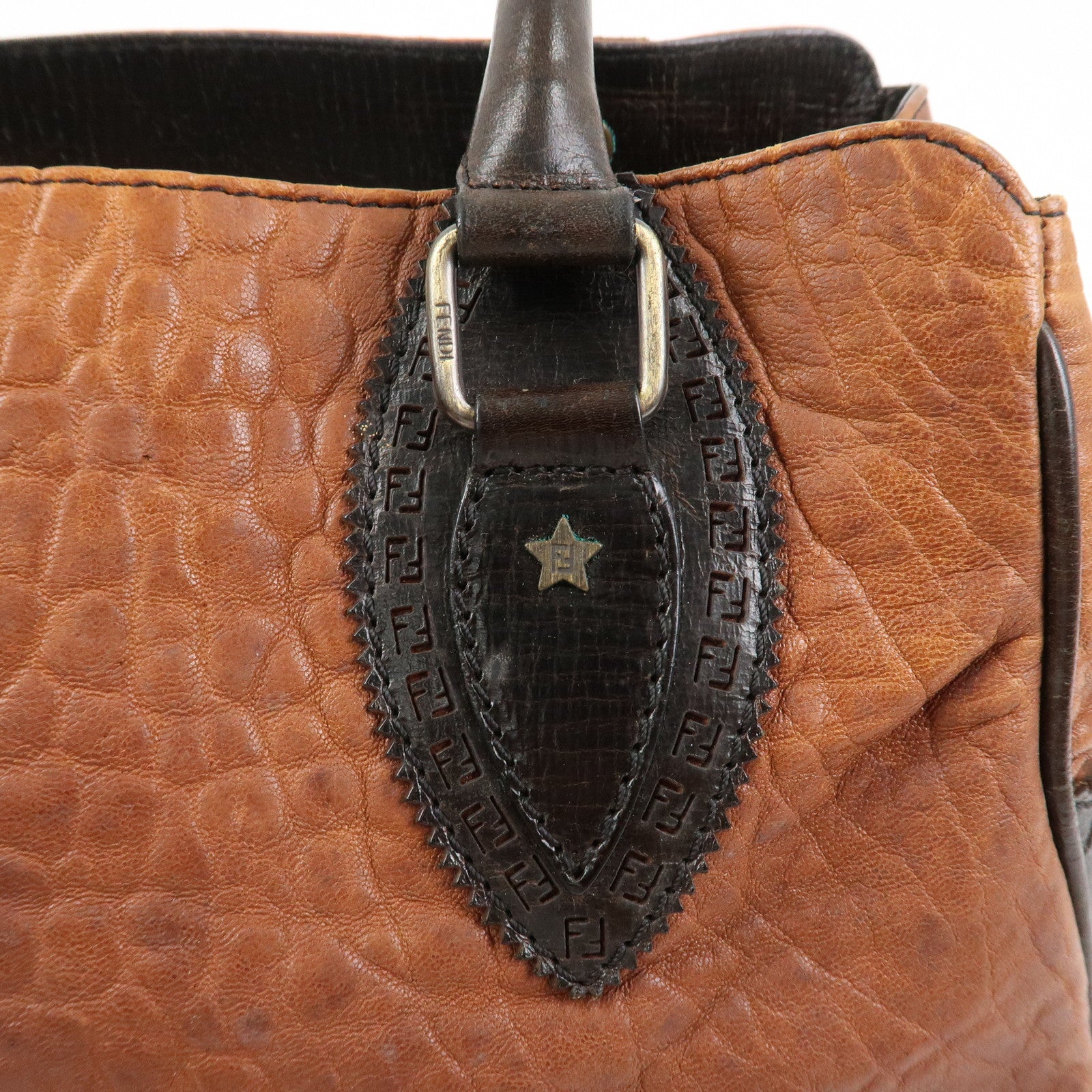 FENDI Etonico Logo Leather Tote Bag Shoulder Brown 8BN162
