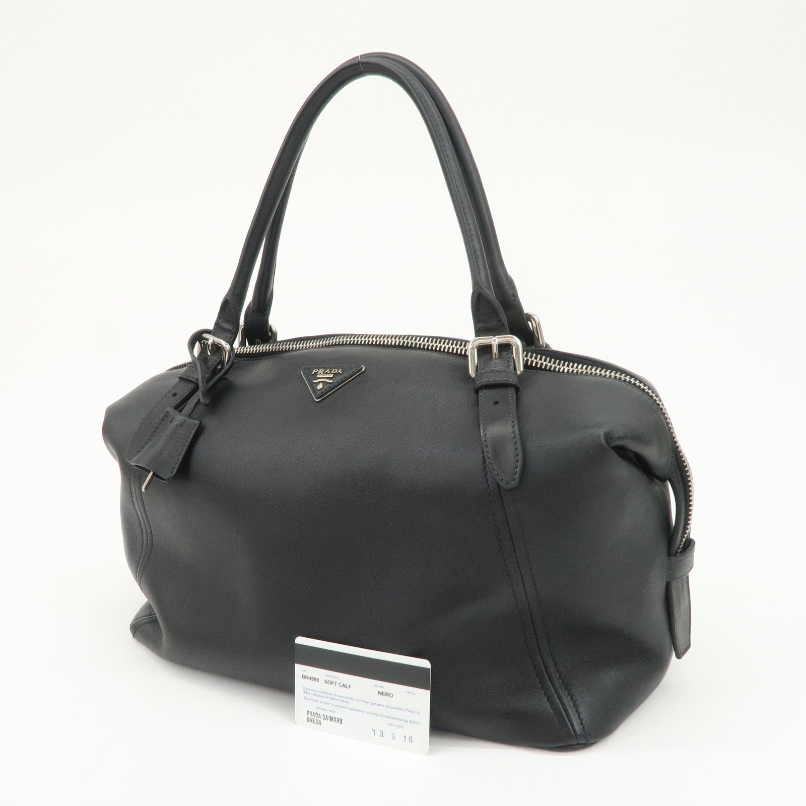 PRADA Triangle Logo Leather Boston Bag Shoulder Bag Black BR4998