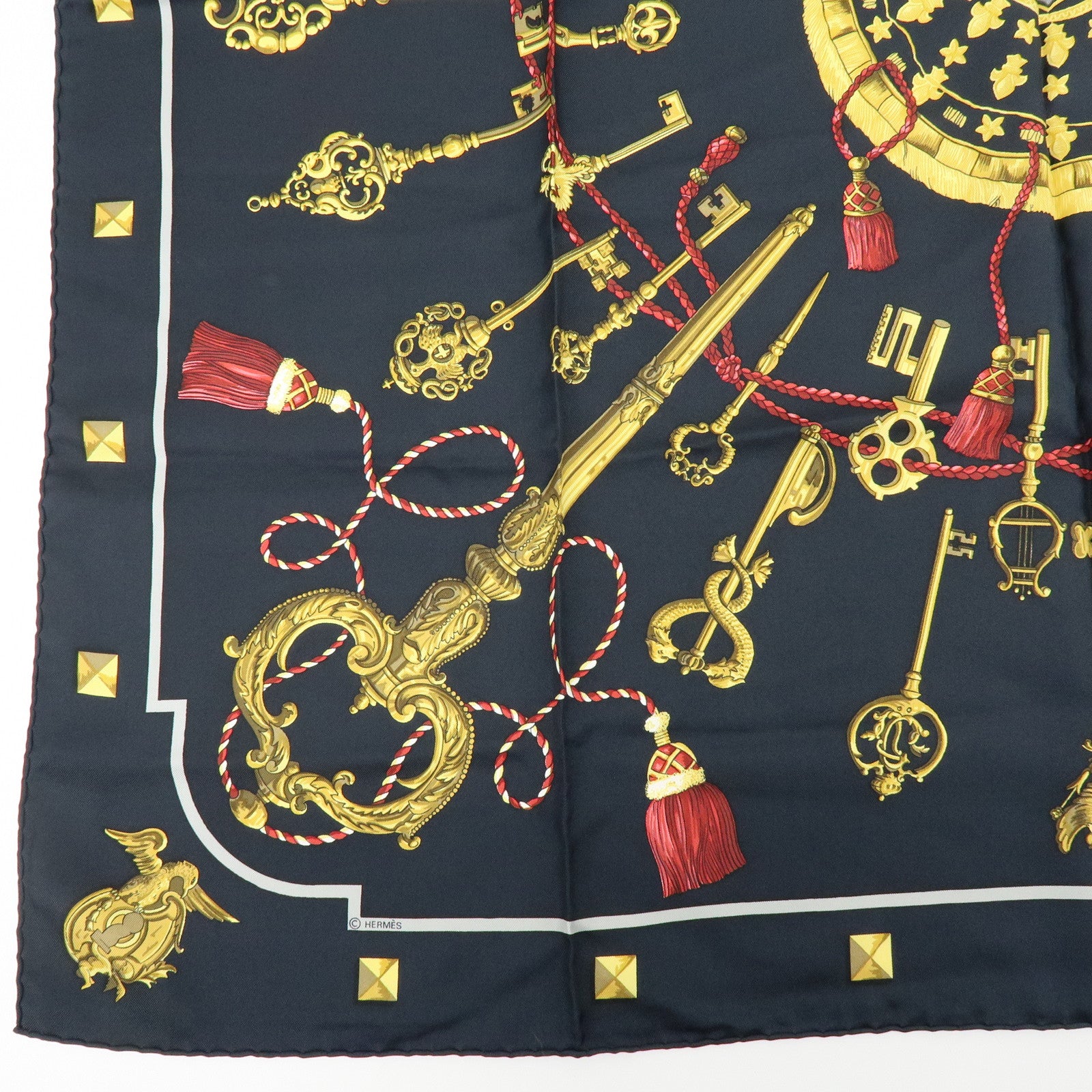 HERMES Carre 90 Silk 100% Scarf LES CLES THE KEYS RARE Black