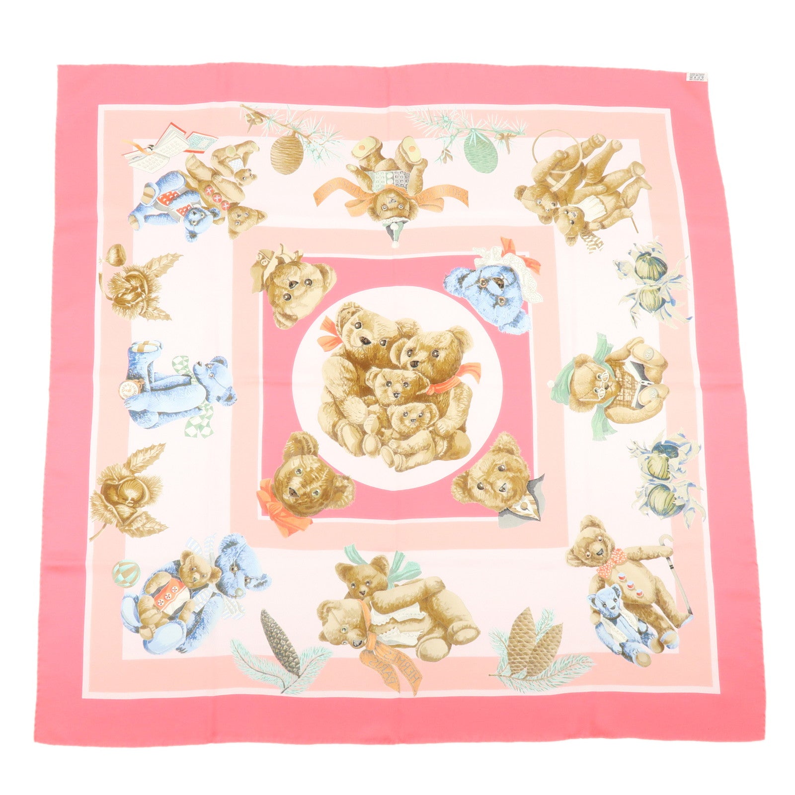 HERMES Carre 90 Silk 100% Scarf Confidents de Coeurs Bear Print