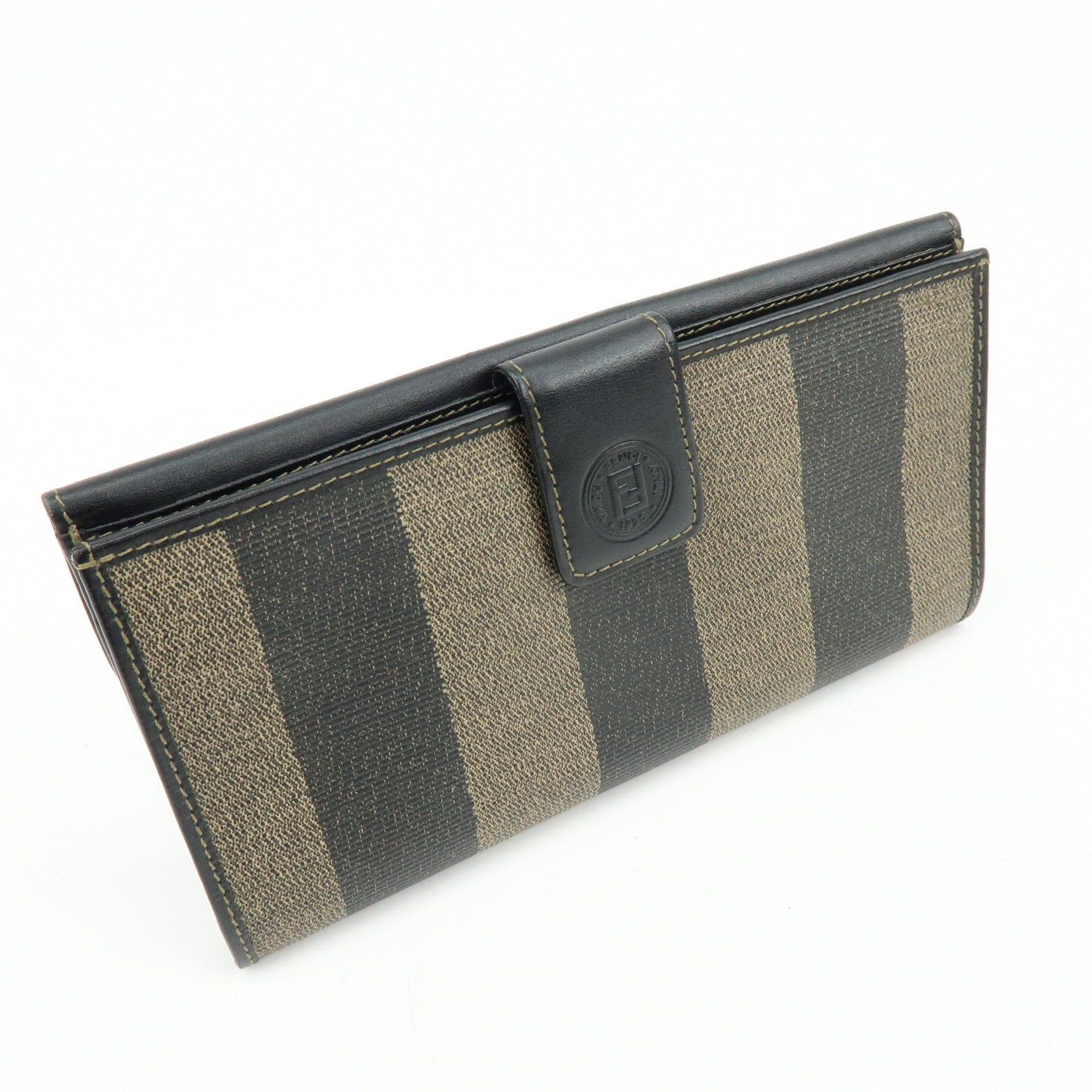 FENDI Pequin Leather PVC Long Wallet Beige Black 30806