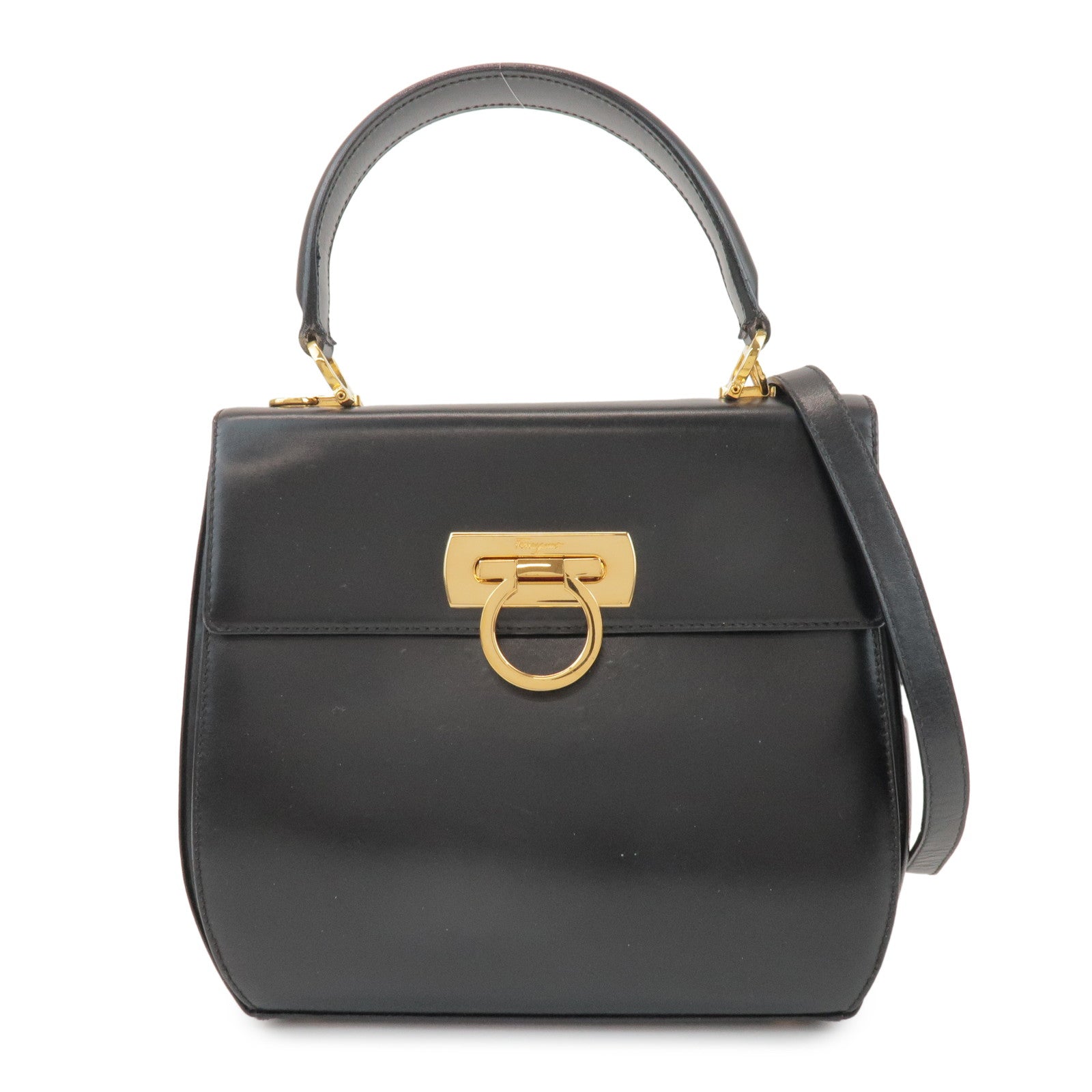 Ferragamo Gancini Calf Leather 2Way Bag Hand Shoulder Bag Black