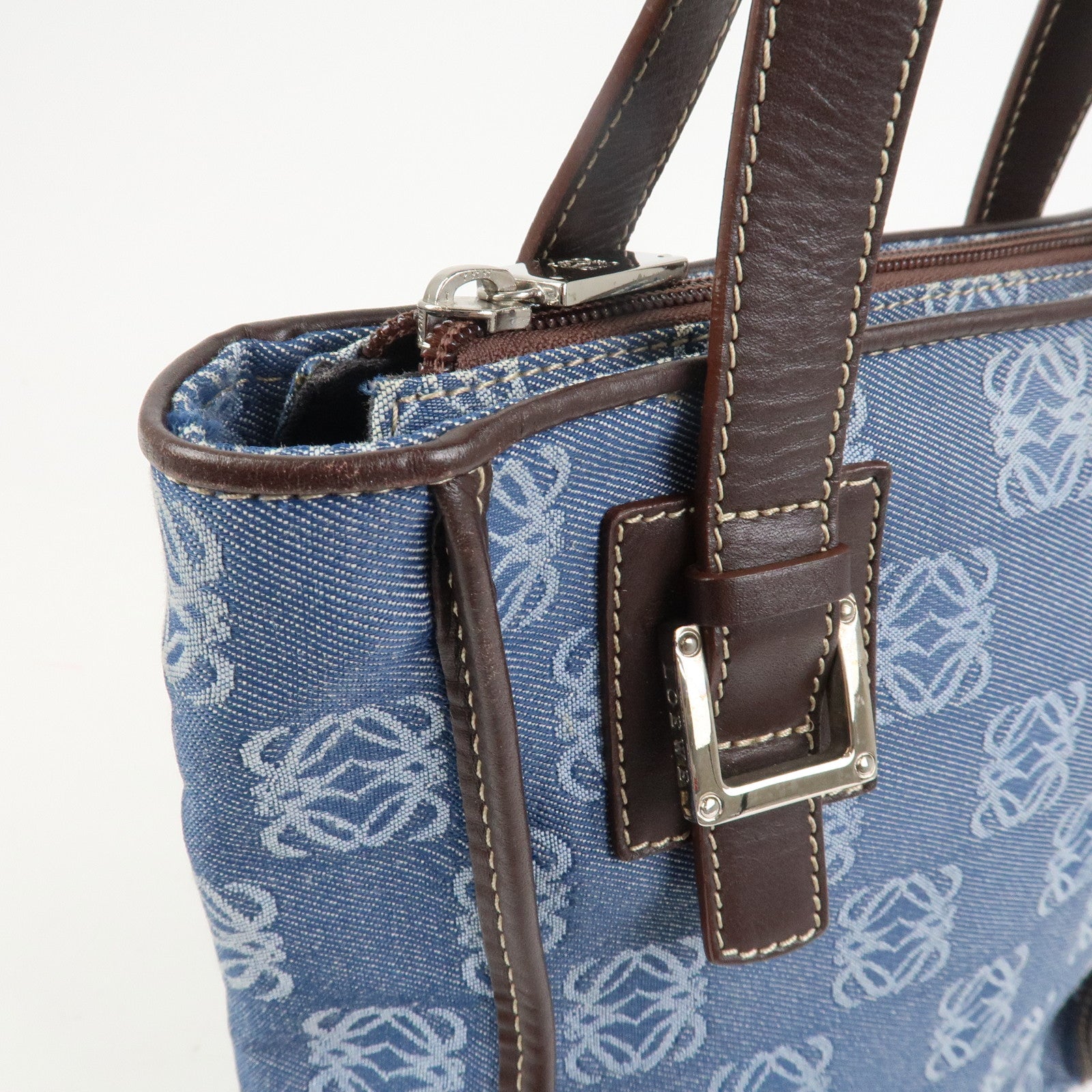 LOEWE Repeat Anagram Canvas Leather Tote Bag Hand Bag Blue Brown