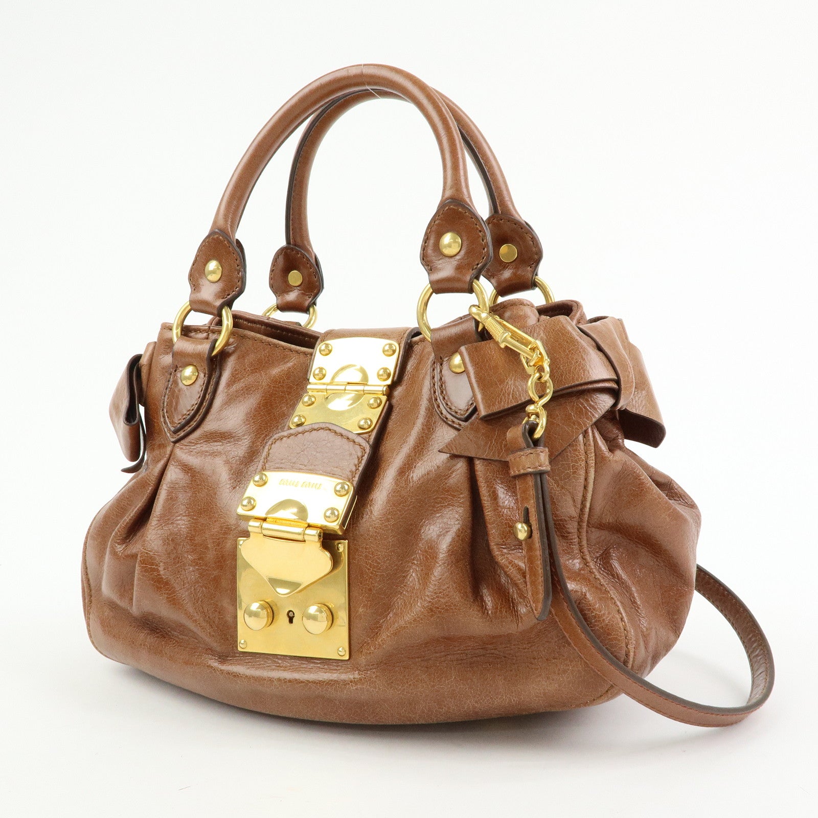 MIU MIU Leather 2Way Bag Hand Bag Shoulder Bag Side Ribbon Brown