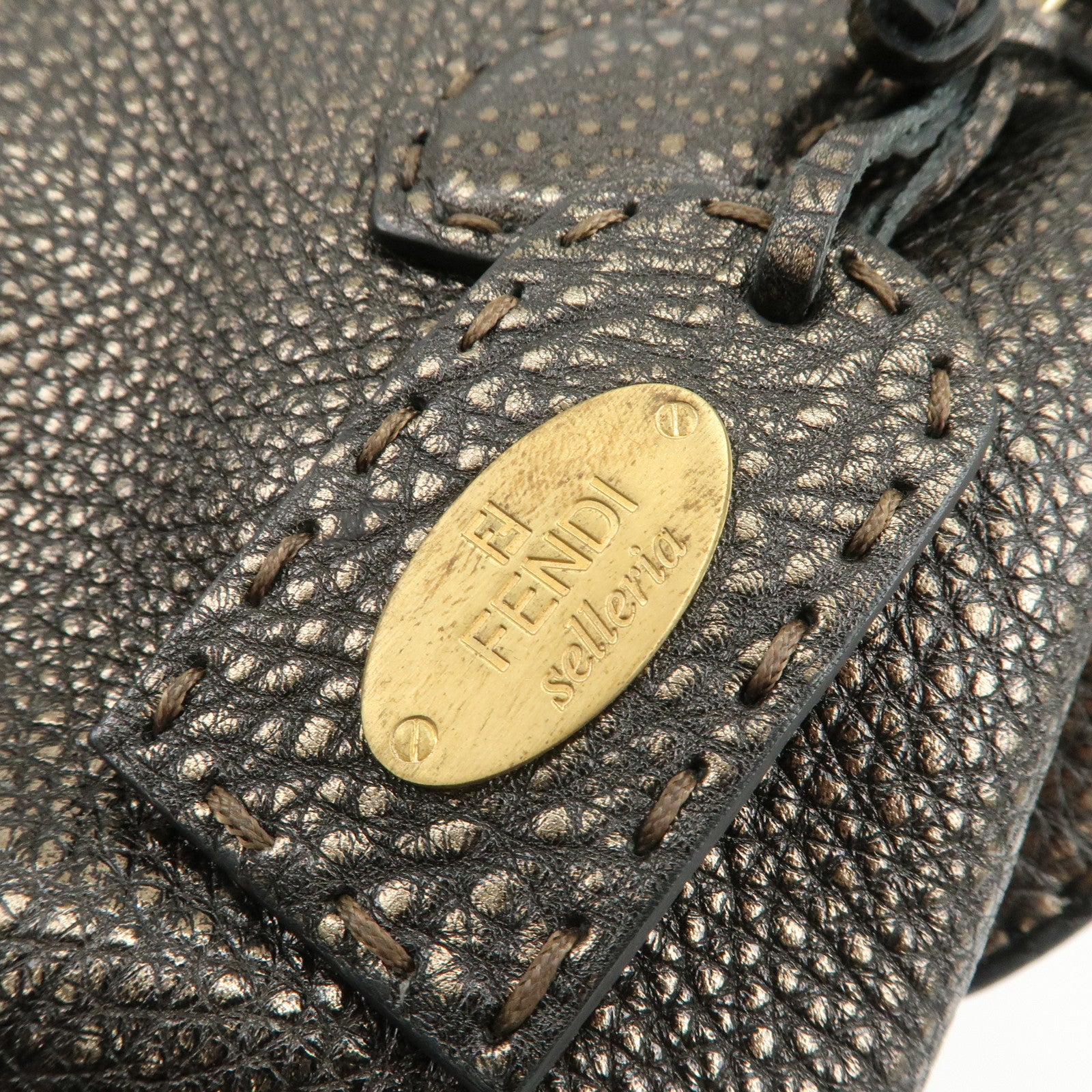 FENDI Selleria Leather Boston Bag Hand Bag Metallic Black 8BN127