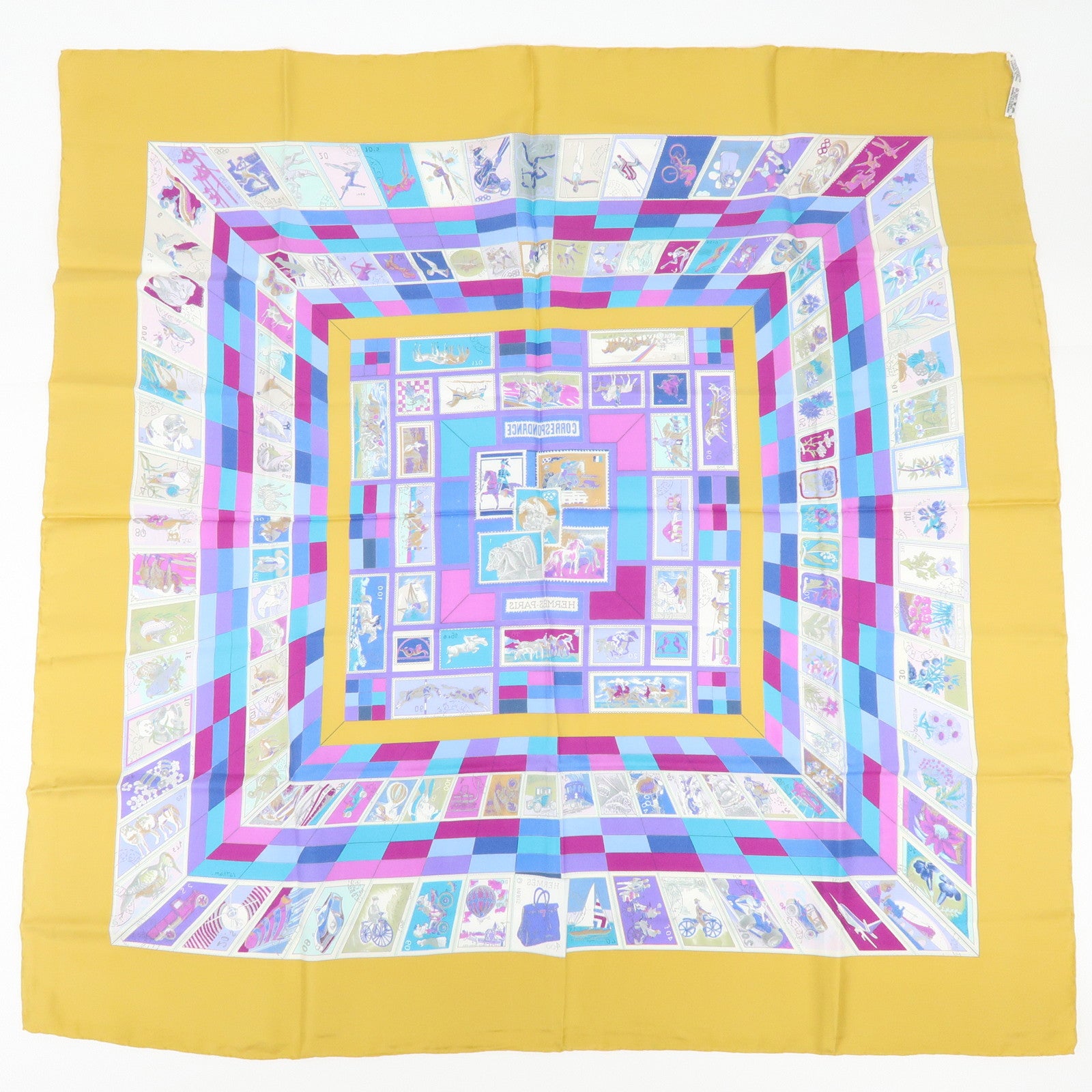 HERMES Carre 90 Silk 100% Scarf CORRESPONDANCE Mustard Purple