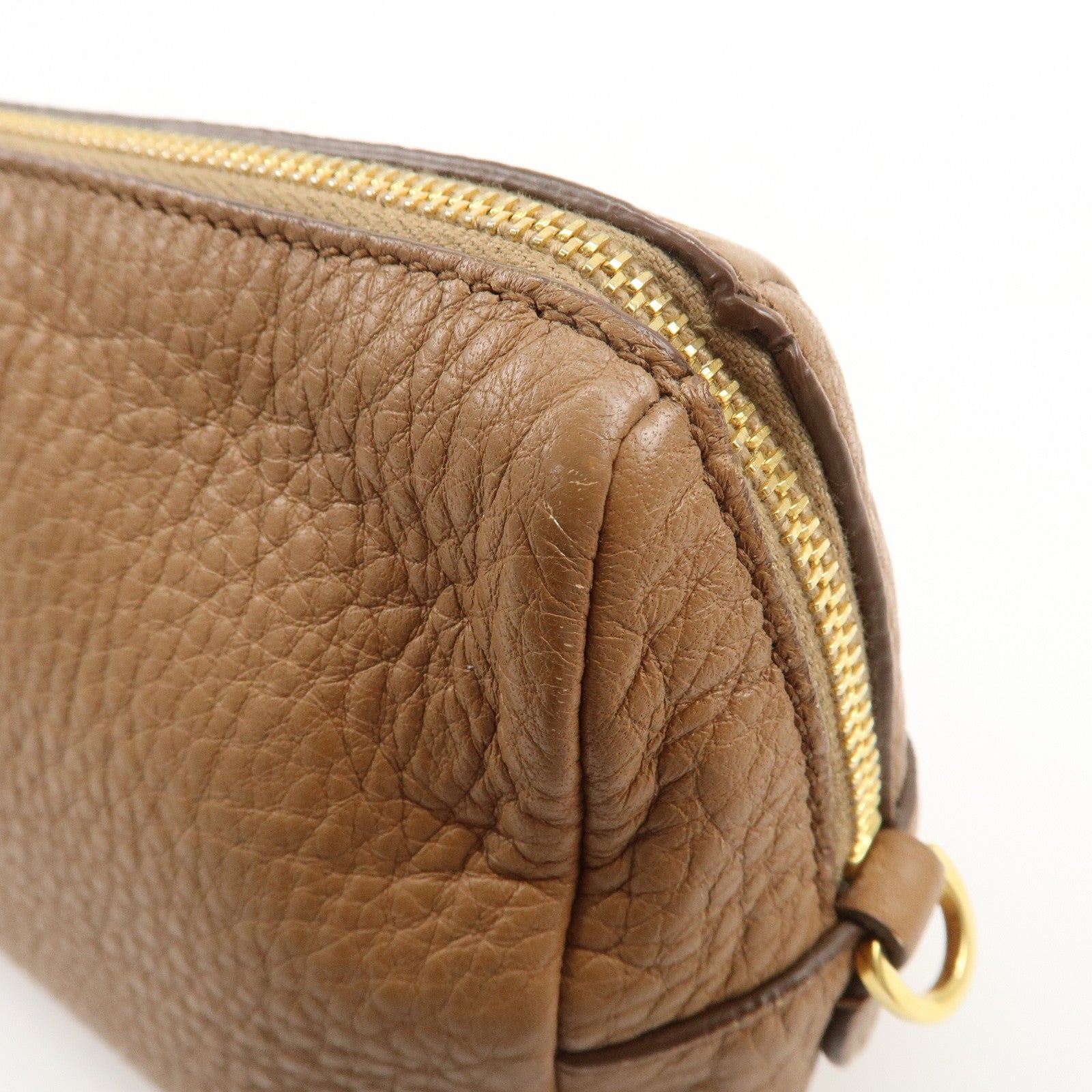 PRADA Logo Leather Pouch Cosmetic Pouch Camel