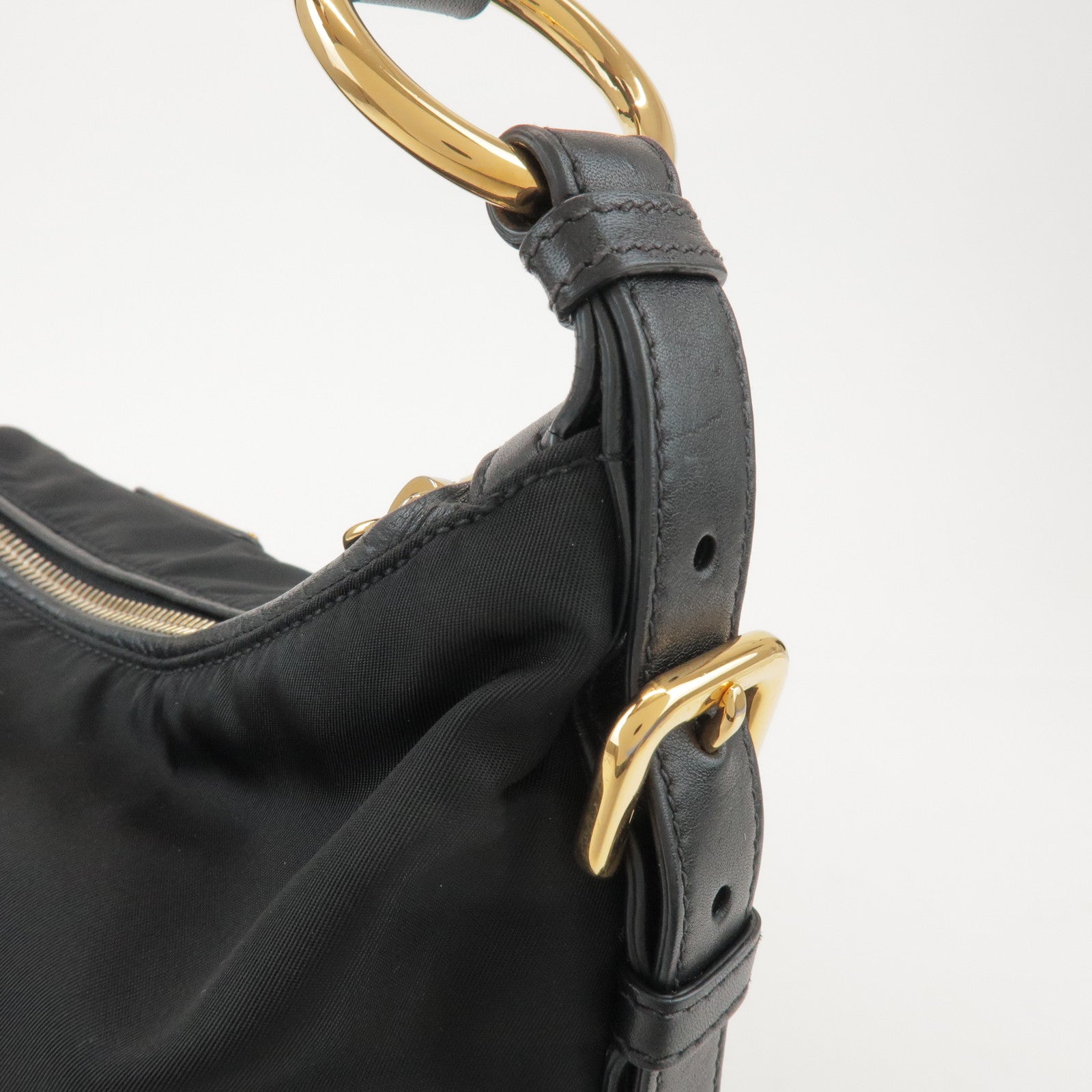 PRADA Triangle Logo Nylon Leather Shoulder Bag Black