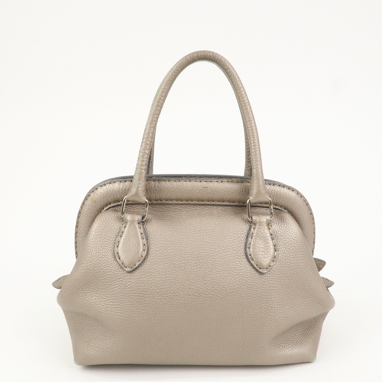 FENDI Selleria Logo Leather Boston Bag Hand Bag Greige 8BN127