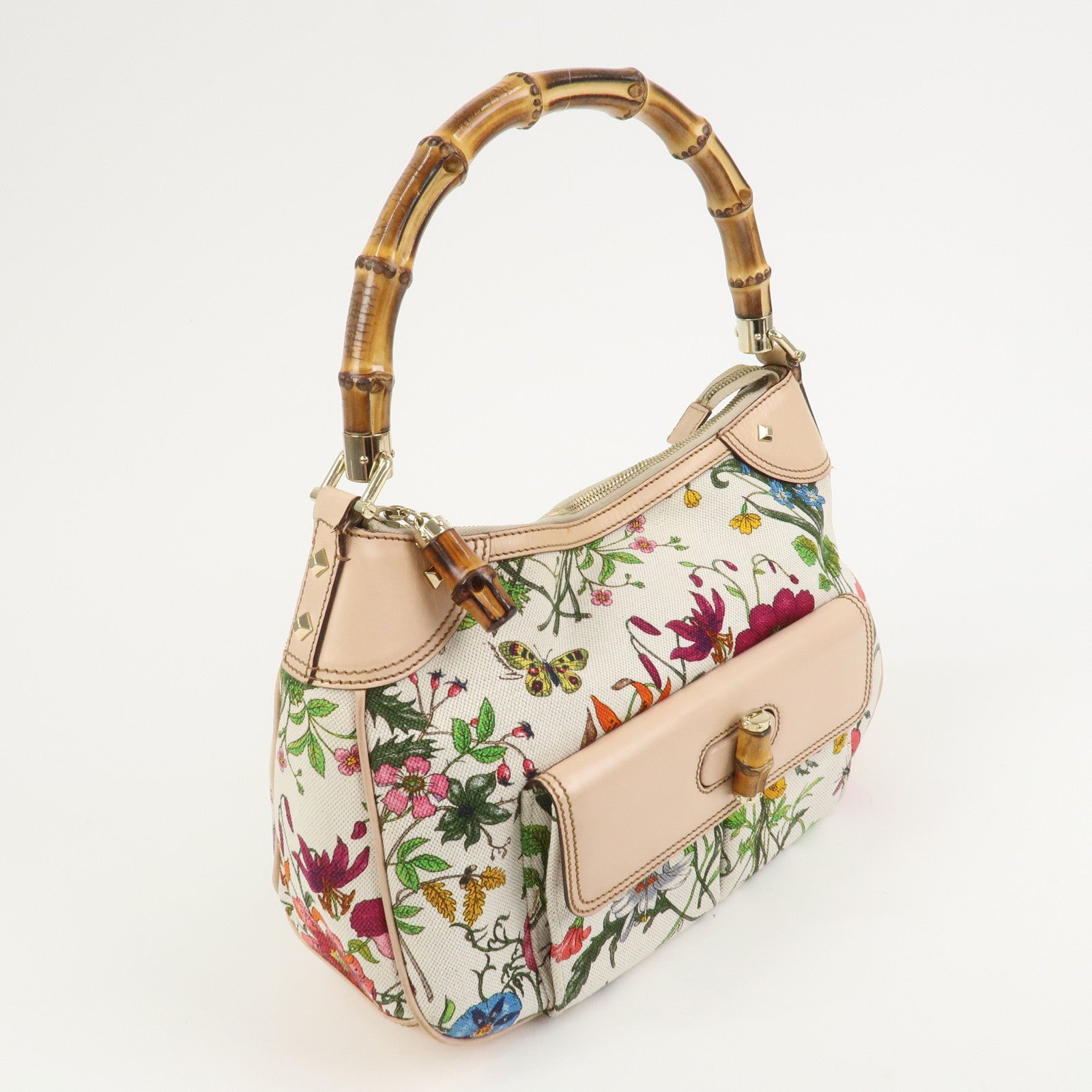 GUCCI Bamboo Canvas Leather Shoulder Bag Flora Ivory Pink 137383