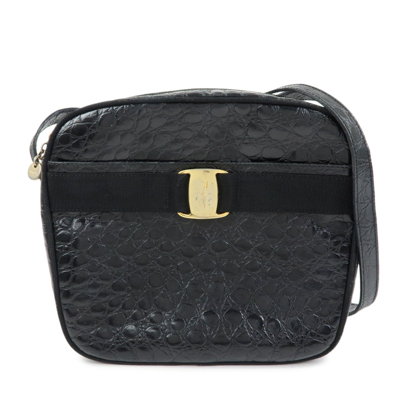 Ferragamo Vara Embossed Leather Shoulder Bag Crossbody Bag Black
