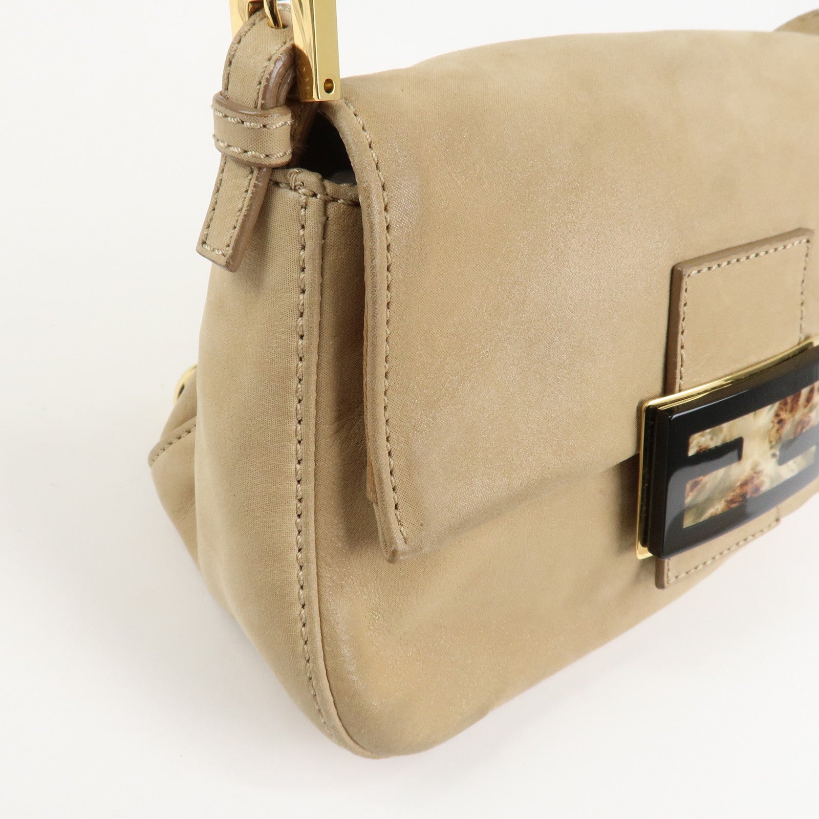 FENDI Mamma Baguette Leather Chain Shoulder Bag Beige 8BR180 Used