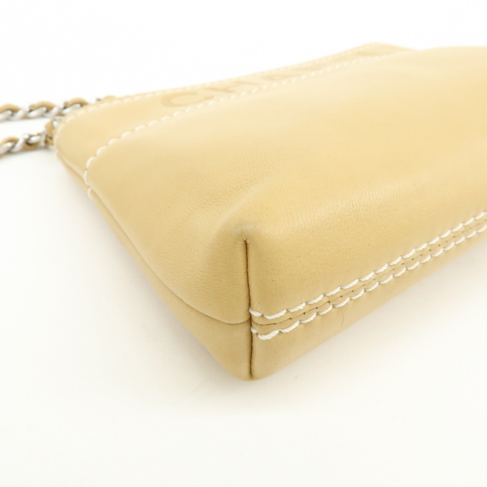 CHANEL Logo Lamb Skin Hand Bag Beige