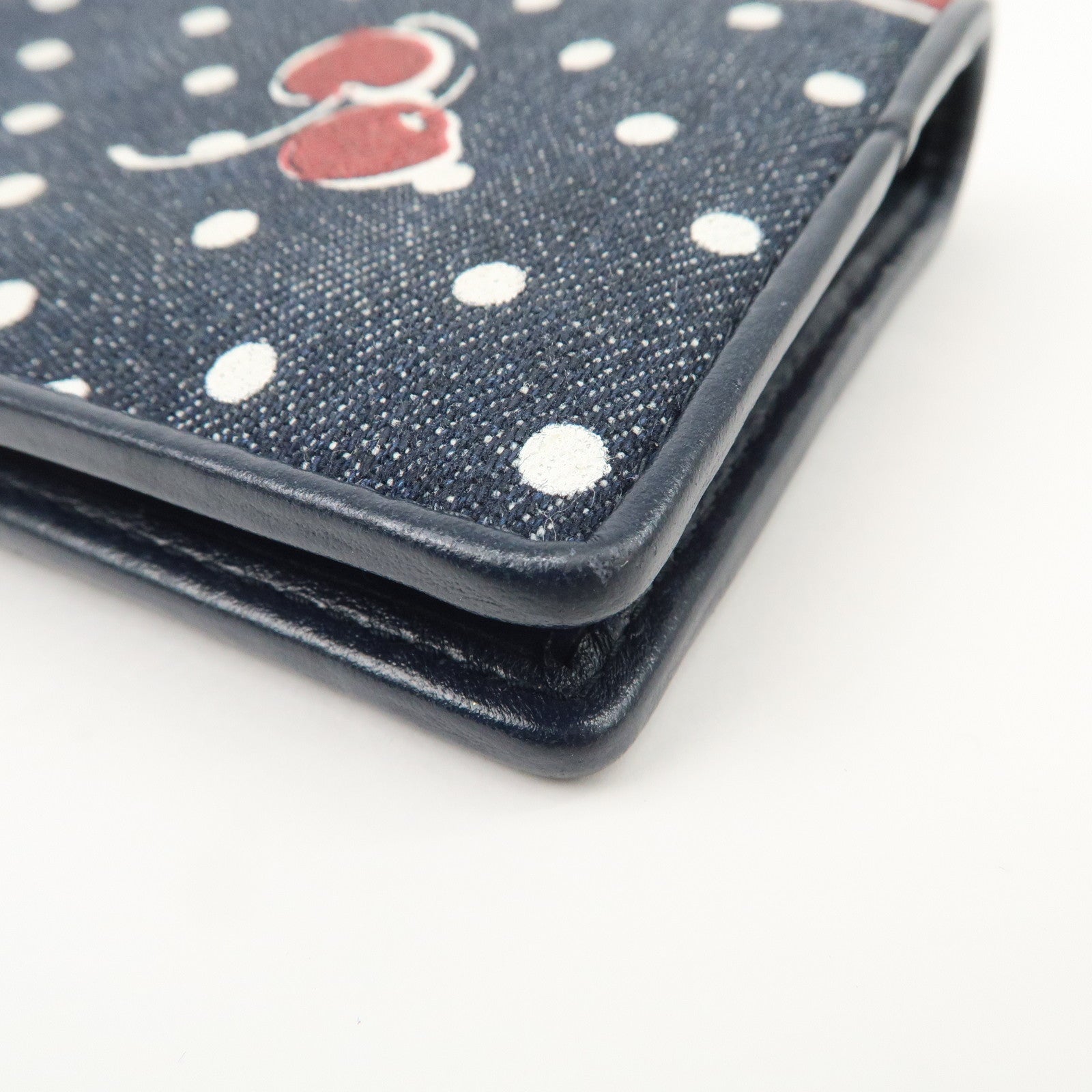 MIU MIU Cherry Denim Leather Bifold Compact Wallet Navy Red Used