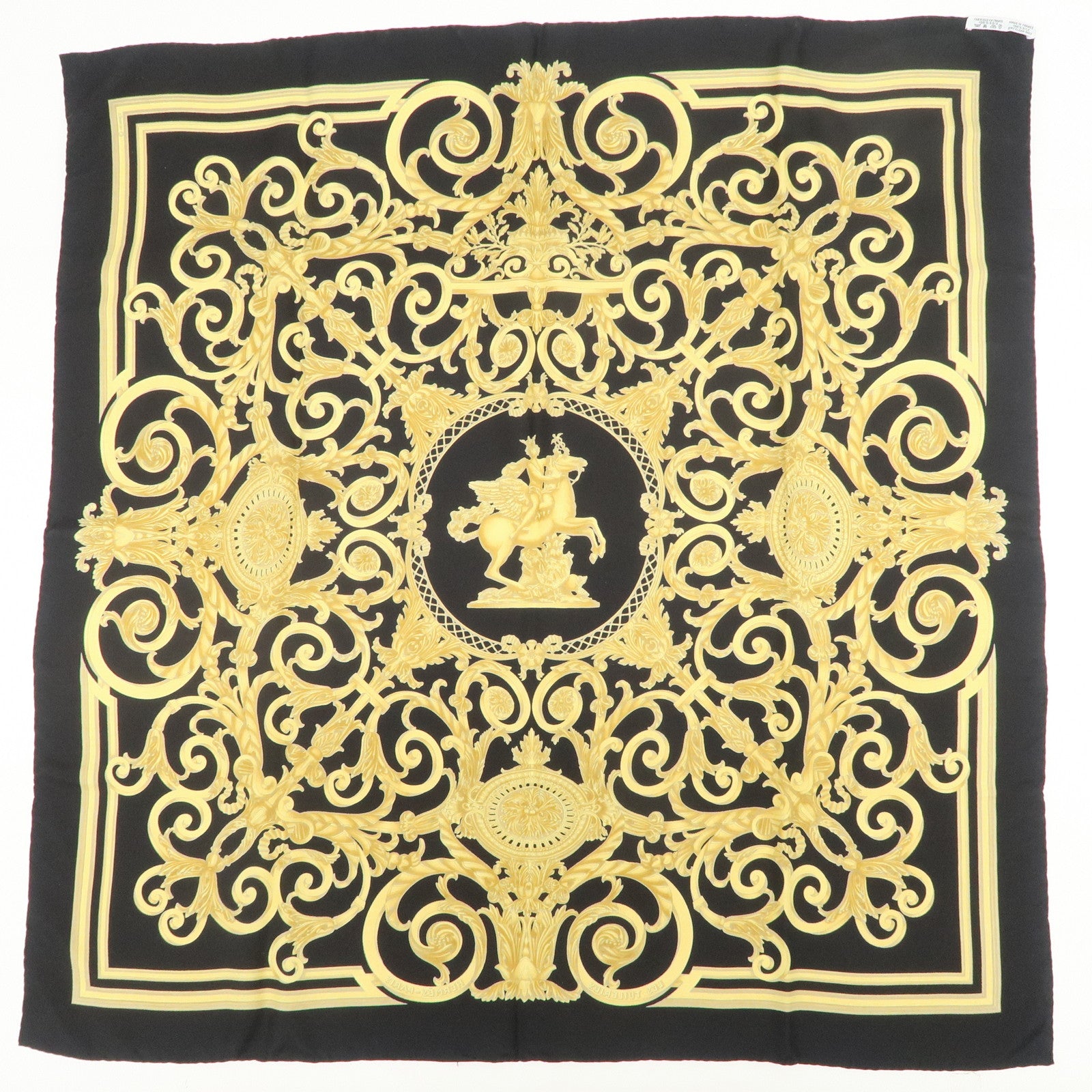 HERMES Carre 90 Silk 100% LES TUILERIES Scarf Black Gold