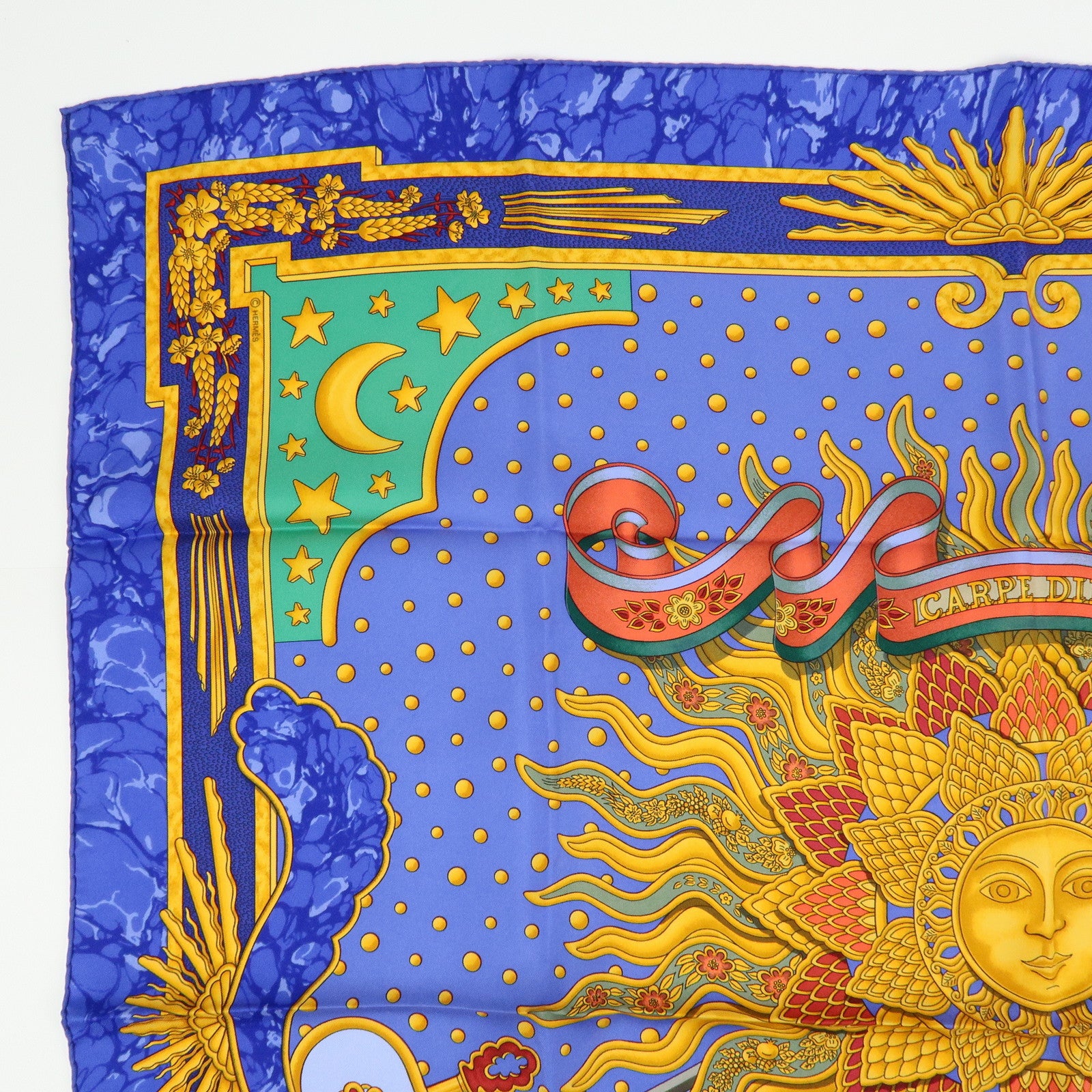 HERMES Carre 90 Silk 100% Scarf CARPE DIEM Blue Gold