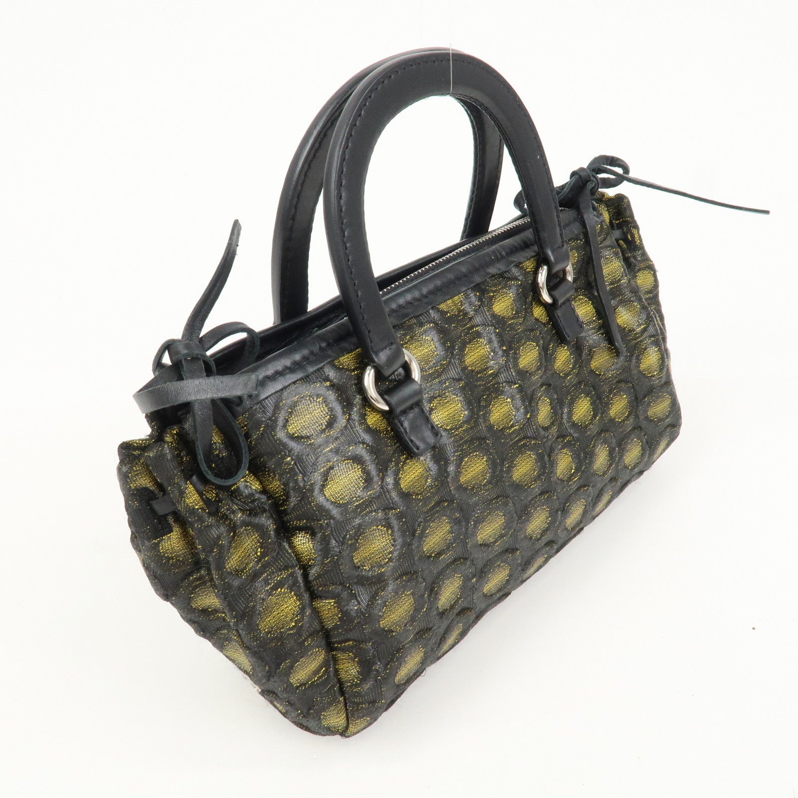 PRADA Triangle Logo Nylon Leather Ribbon Hand Bag Black Yellow