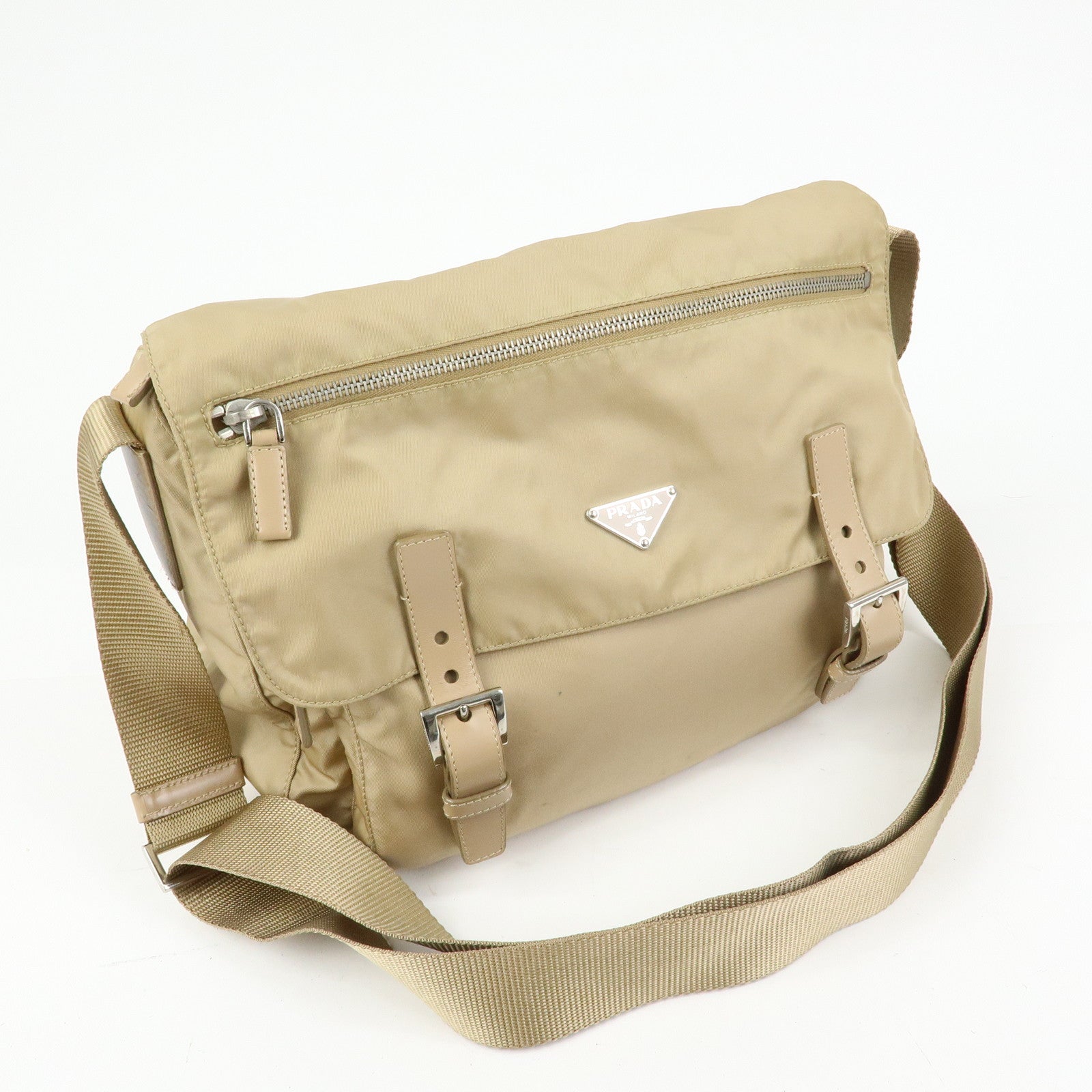 PRADA Triangle Logo Nylon Shoulder Bag Crossbody Bag Beige 1BD953