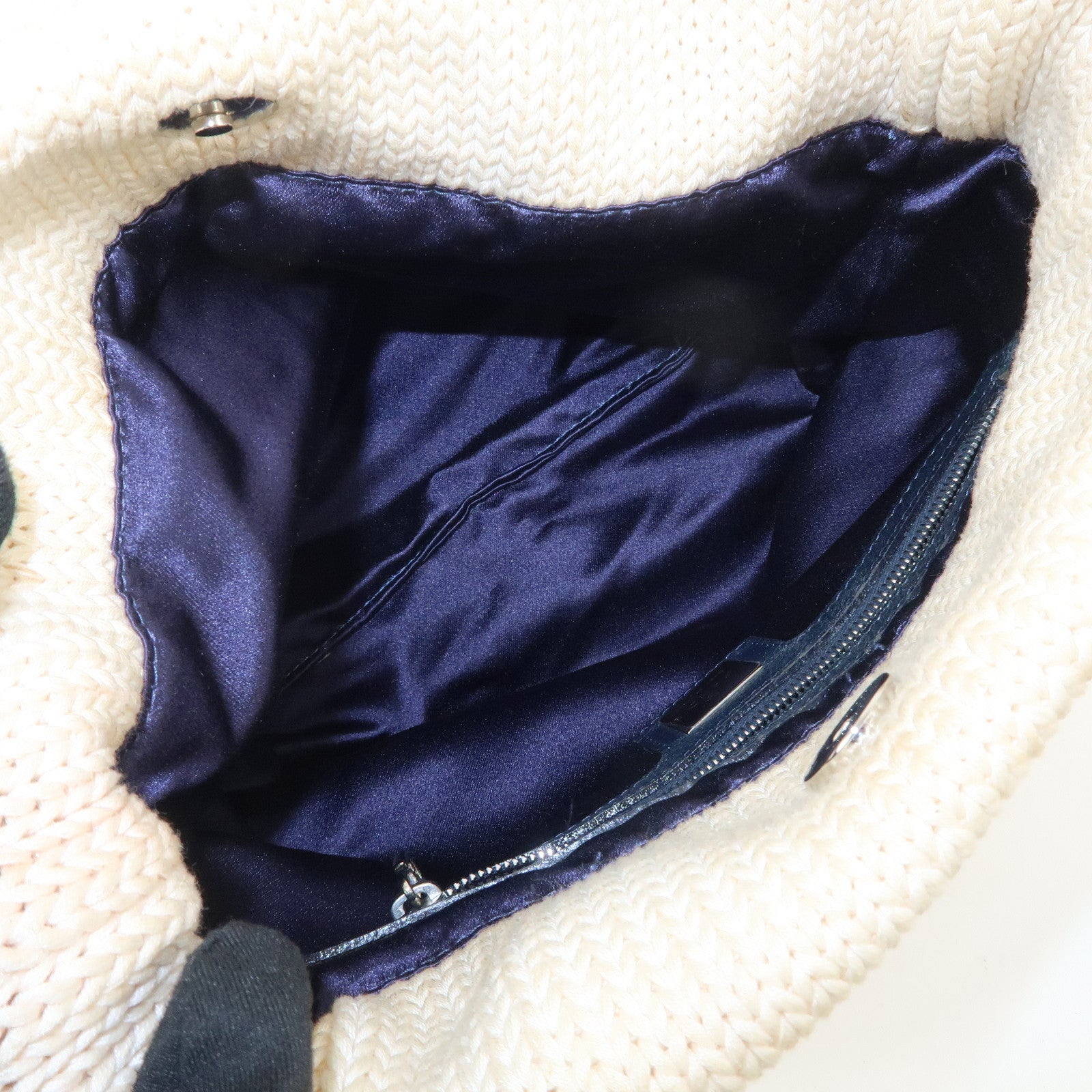 FENDI Logo Wool Leather Hand Bag Shoulder Bag Ivory Navy 26731