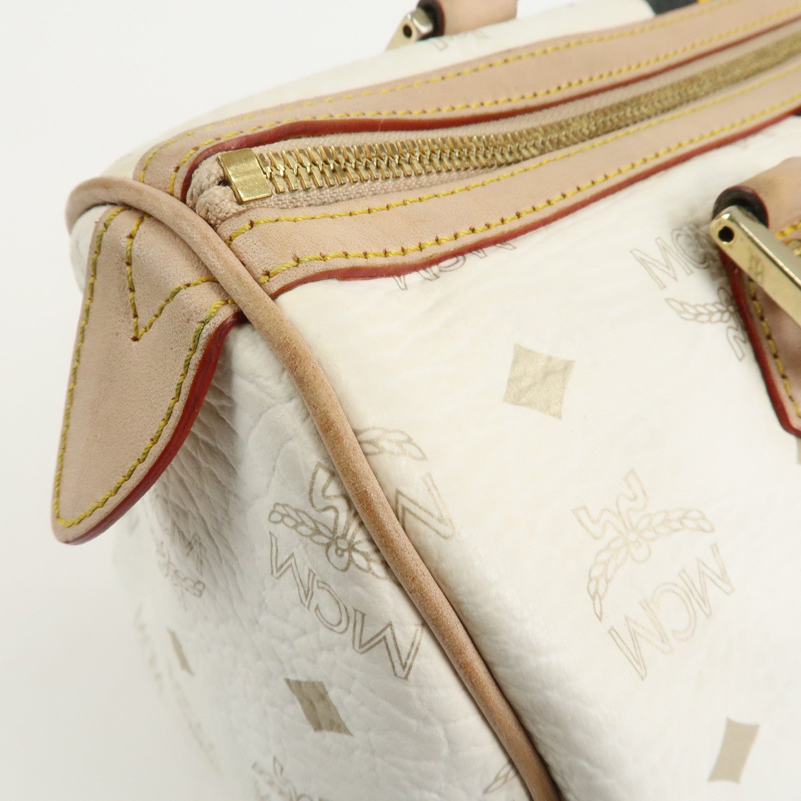 MCM Visetos Leather Boston Bag Hand Bag Beige White Used
