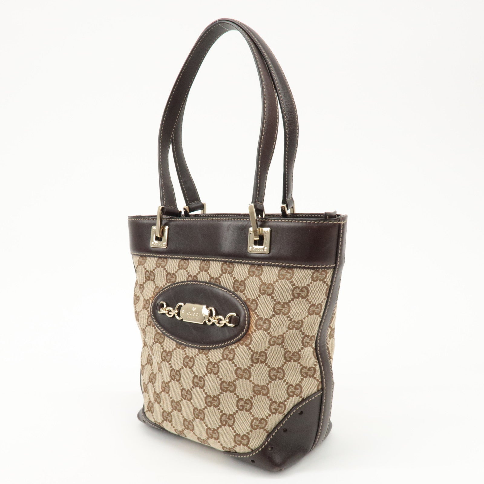 GUCCI GG Canvas Leather Tote Bag Hand Bag Beige Dark Brown 145994 Used