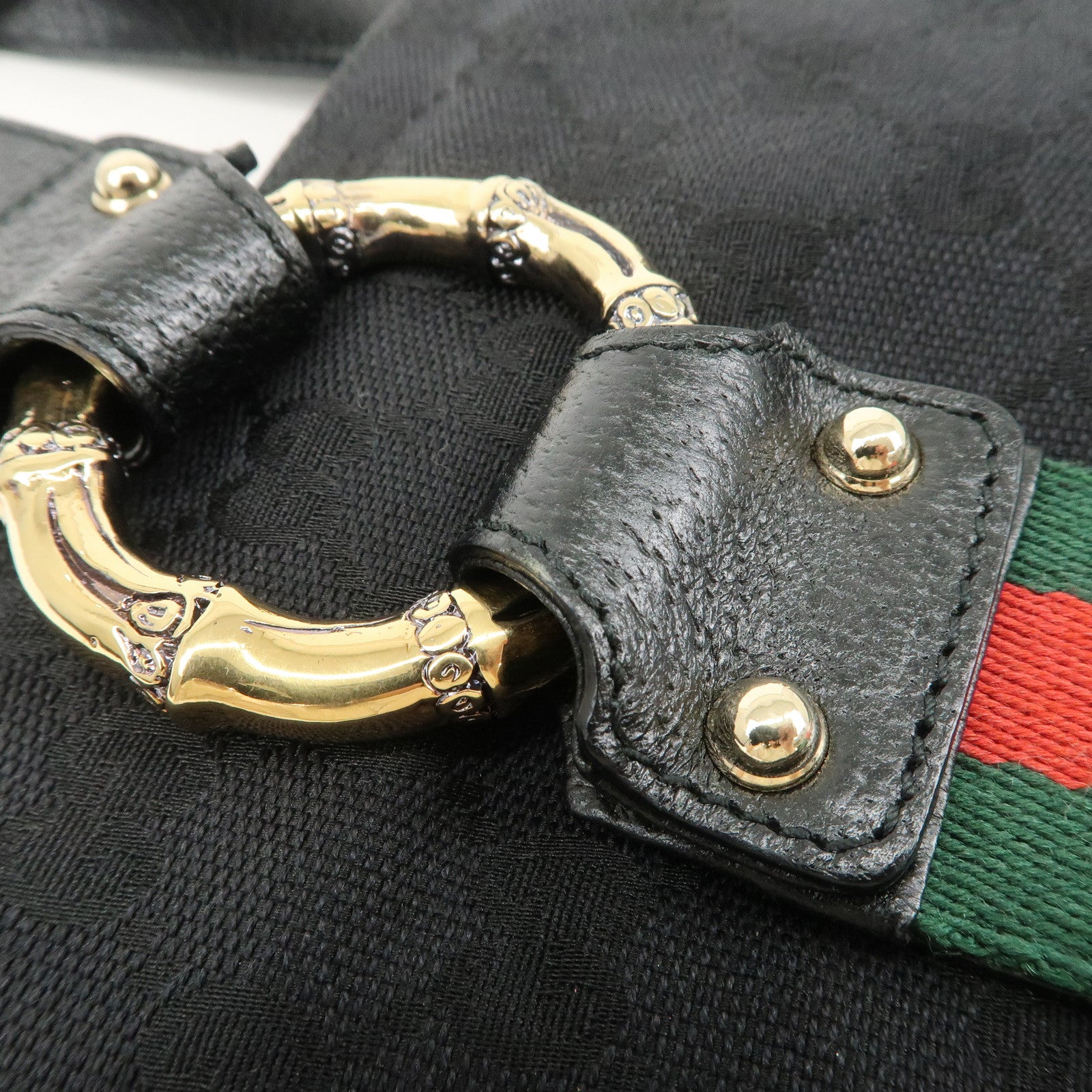 GUCCI Sherry Canvas Leather Tote Bag Hand Bag Black 131324 Used