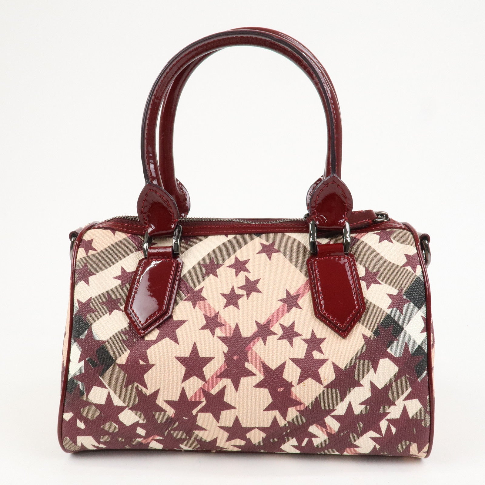 BURBERRY PVC Canvas Patent Leather Boston Bag Beige Bordeaux