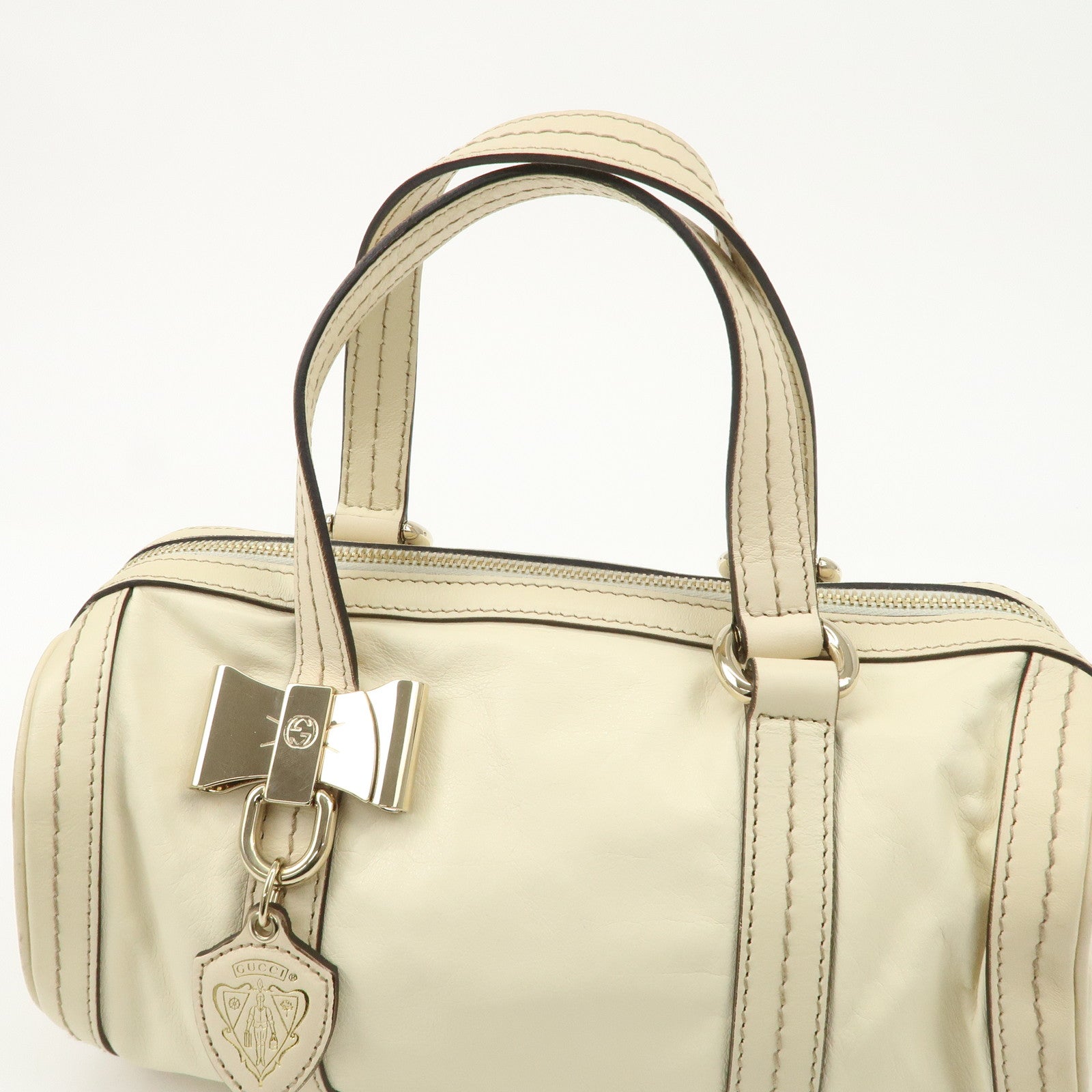 GUCCI Leather GG Crystal Hysteria Boston Bag Hand Bag Ecru 181485