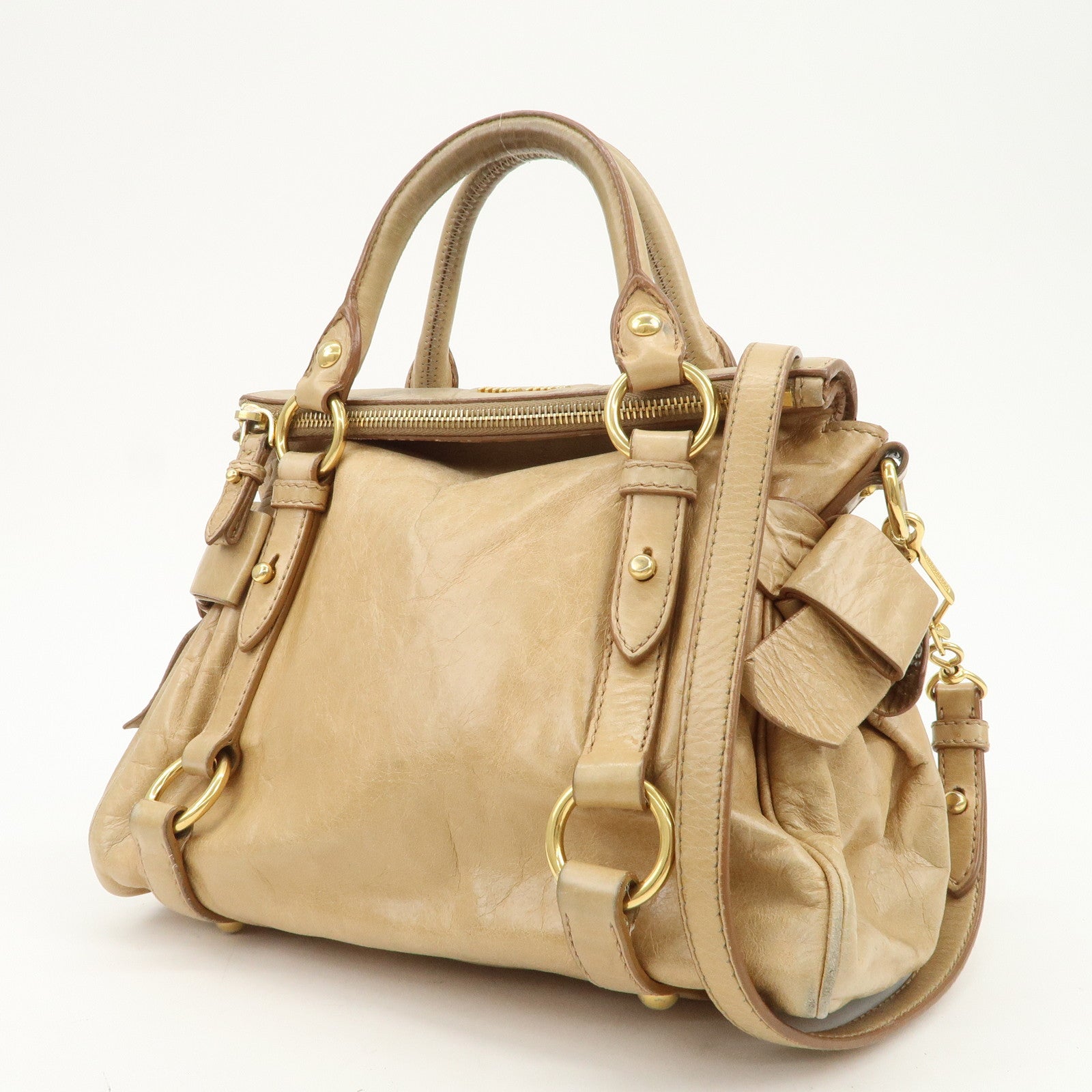 MIU MIU Logo Leather 2Way Bag Hand Bag Shoulder Bag Beige RT0438
