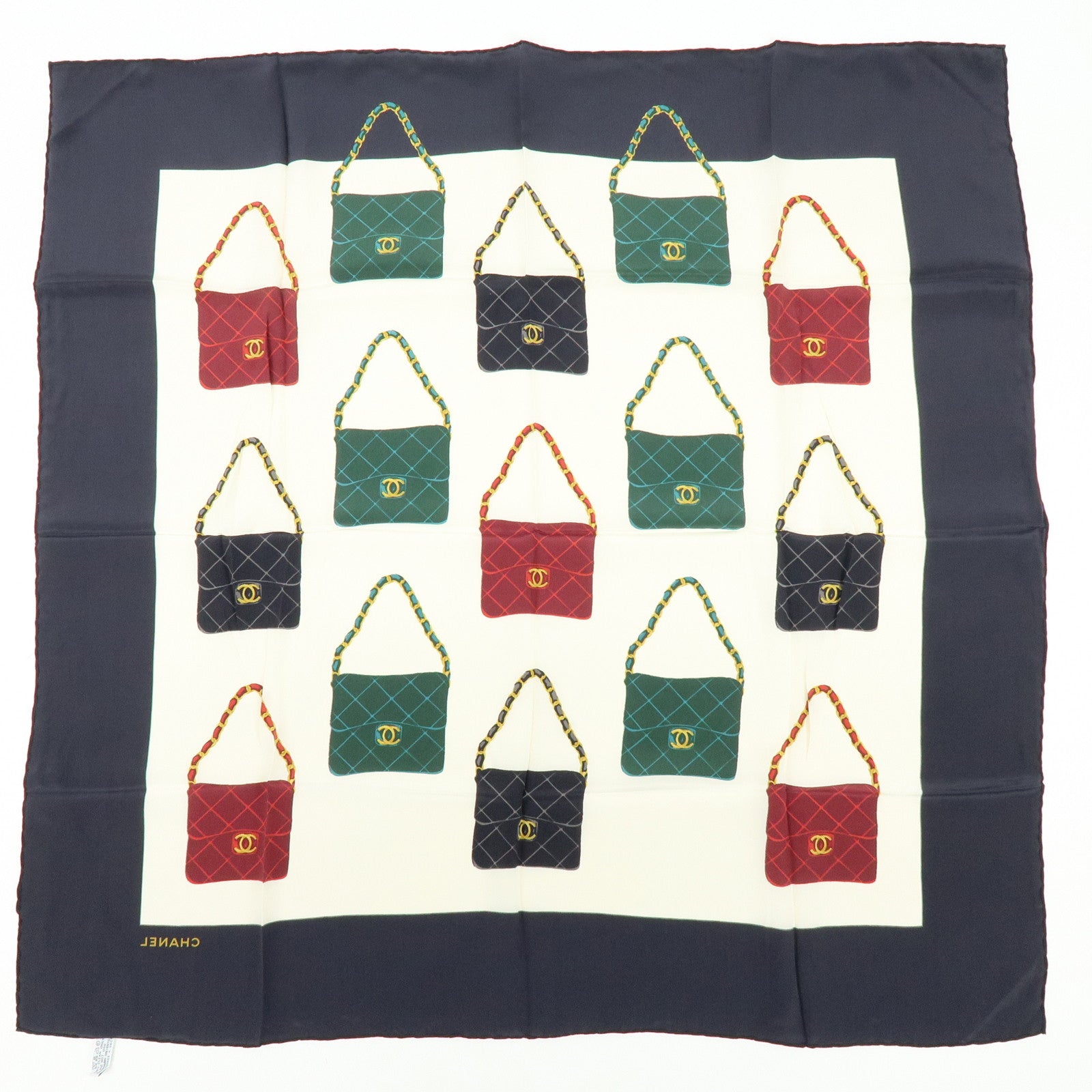 CHANEL Matelasse Silk 100% Scarf Black Green Gold