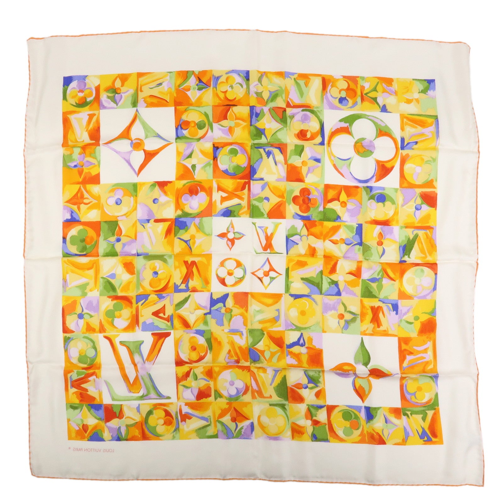 Louis Vuitton Monogram Silk 100% Scarf White Orange Watercolor