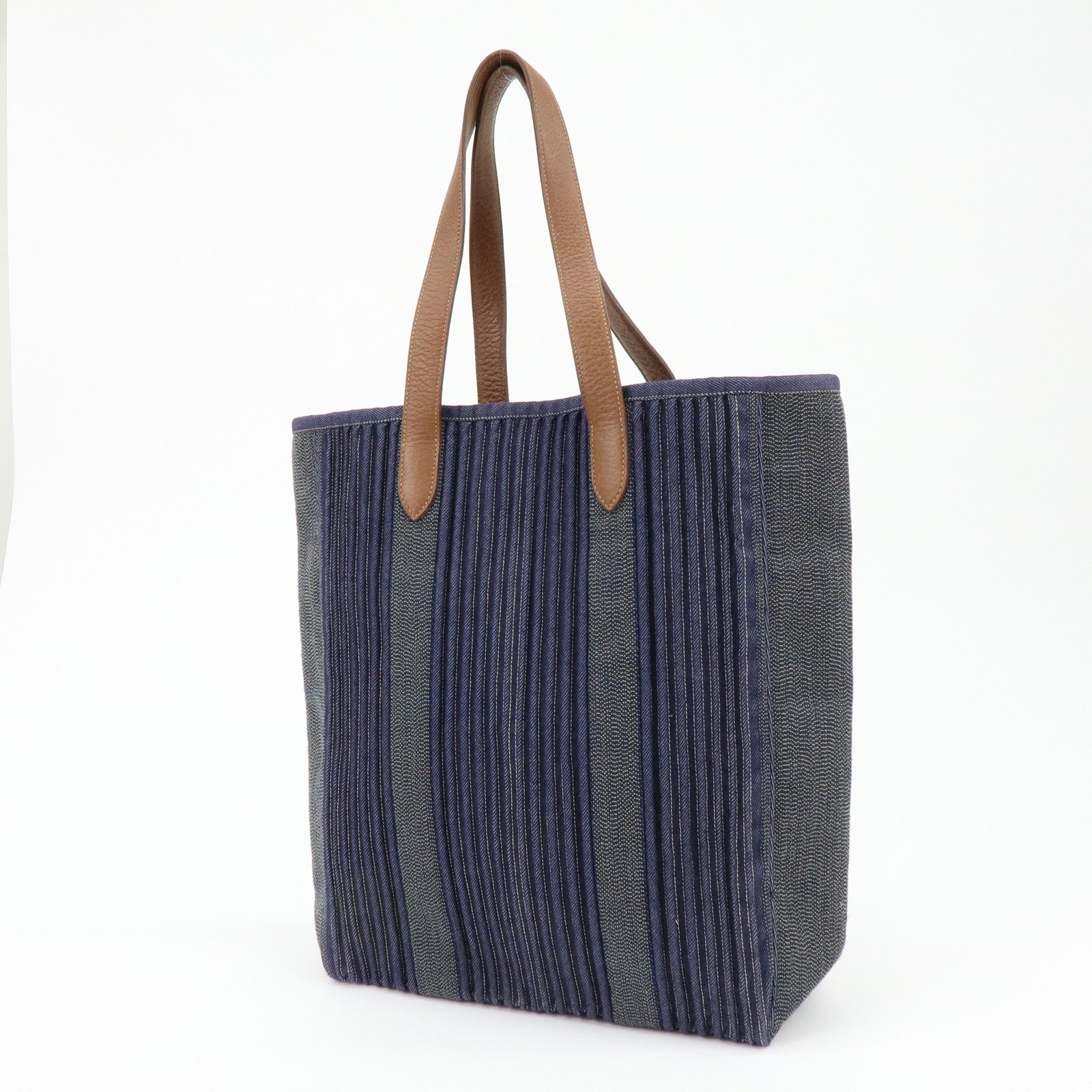 HERMES Calicut Canvas Leather Tote Bag L Stamped Navy Brown