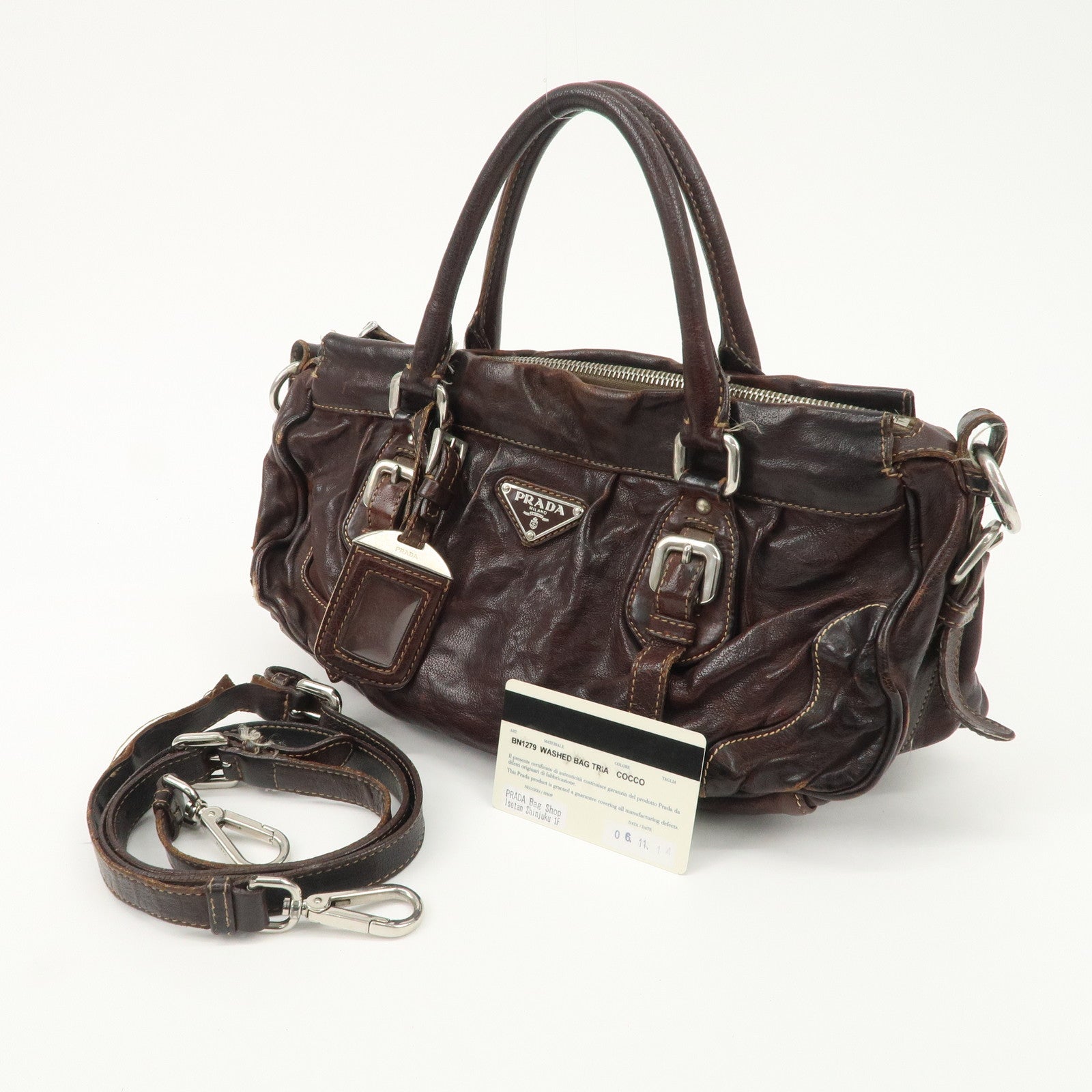 PRADA Triangle Logo Leather 2Way Bag Hand Bag Dark Brown BN1279 Used