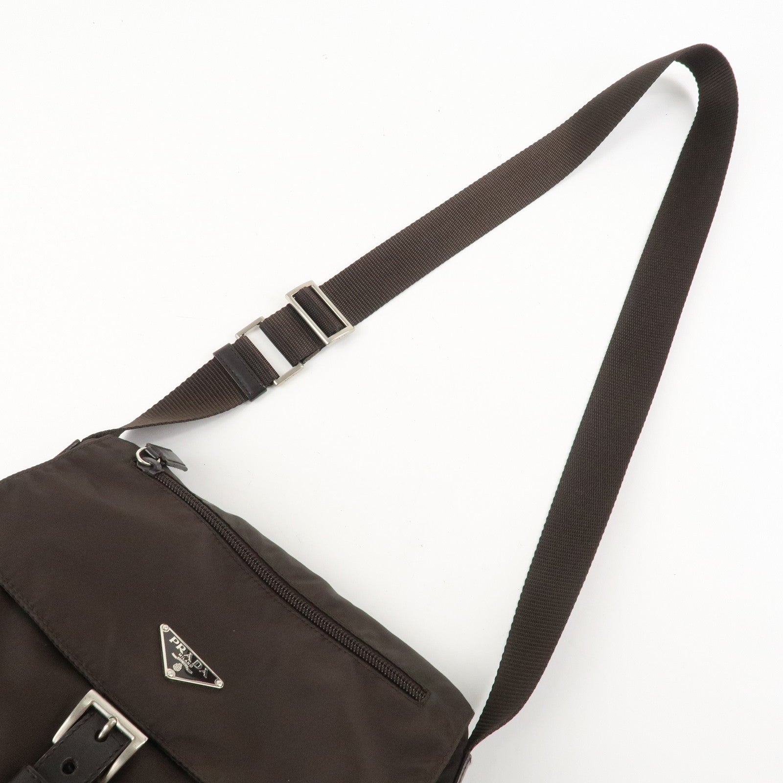 PRADA Triangle Logo Nylon Leather Shoulder Bag Crossbody Bag Brown Used