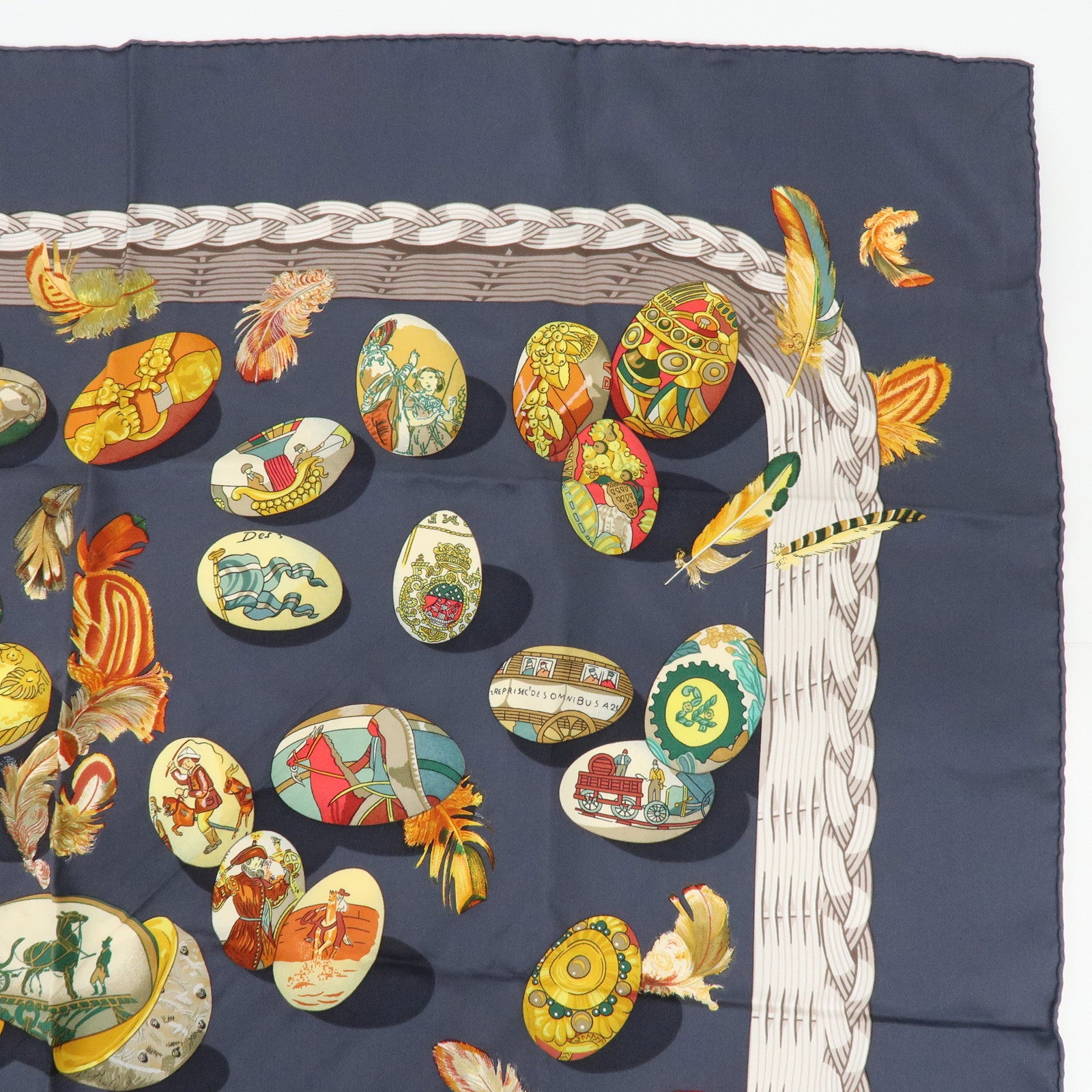 HERMES Carre 90 Silk 100% Scarf COUVEE D HERMES Egg Print Grey
