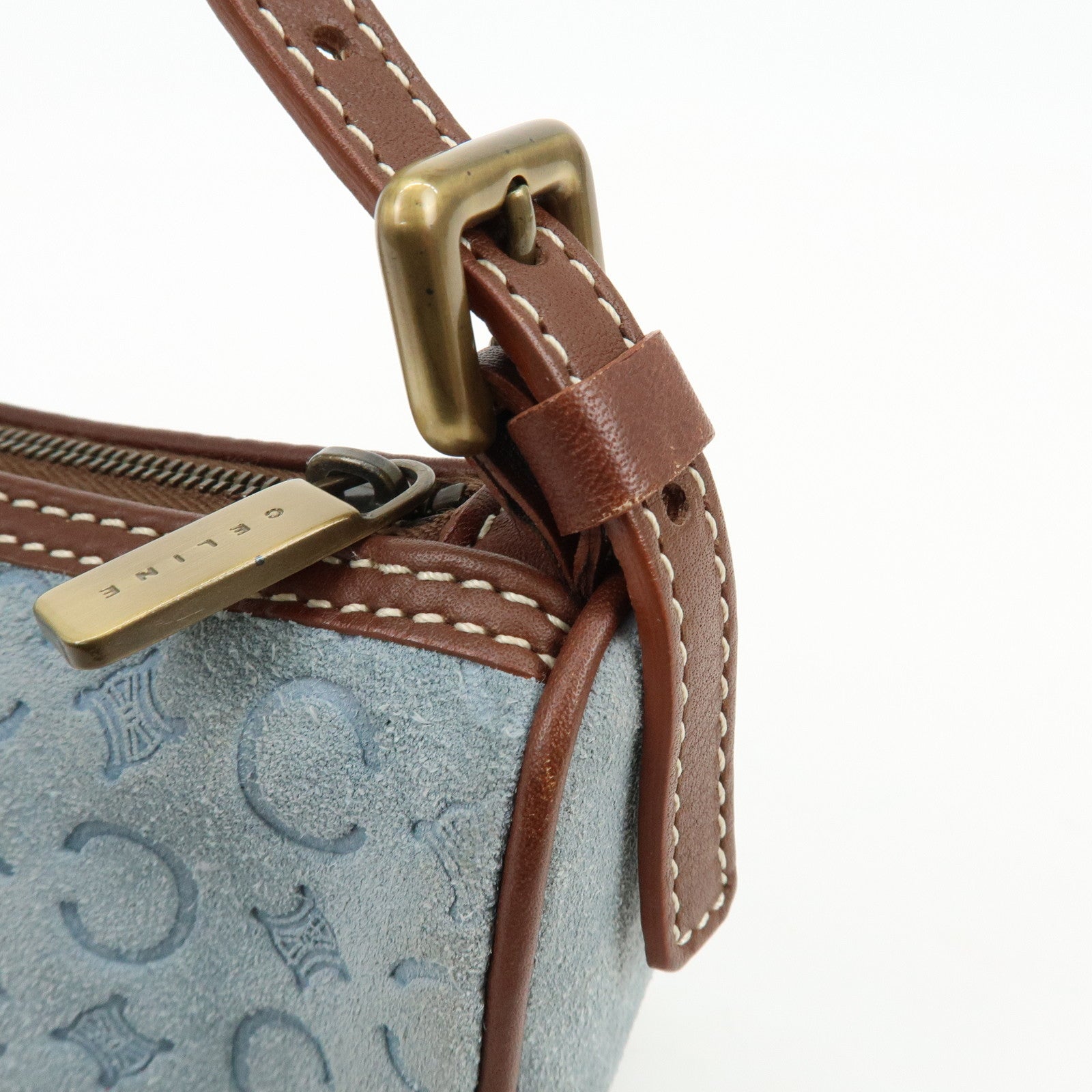 CELINE C Macadam Suede Leather Shoulder Bag Hand Bag Light Blue