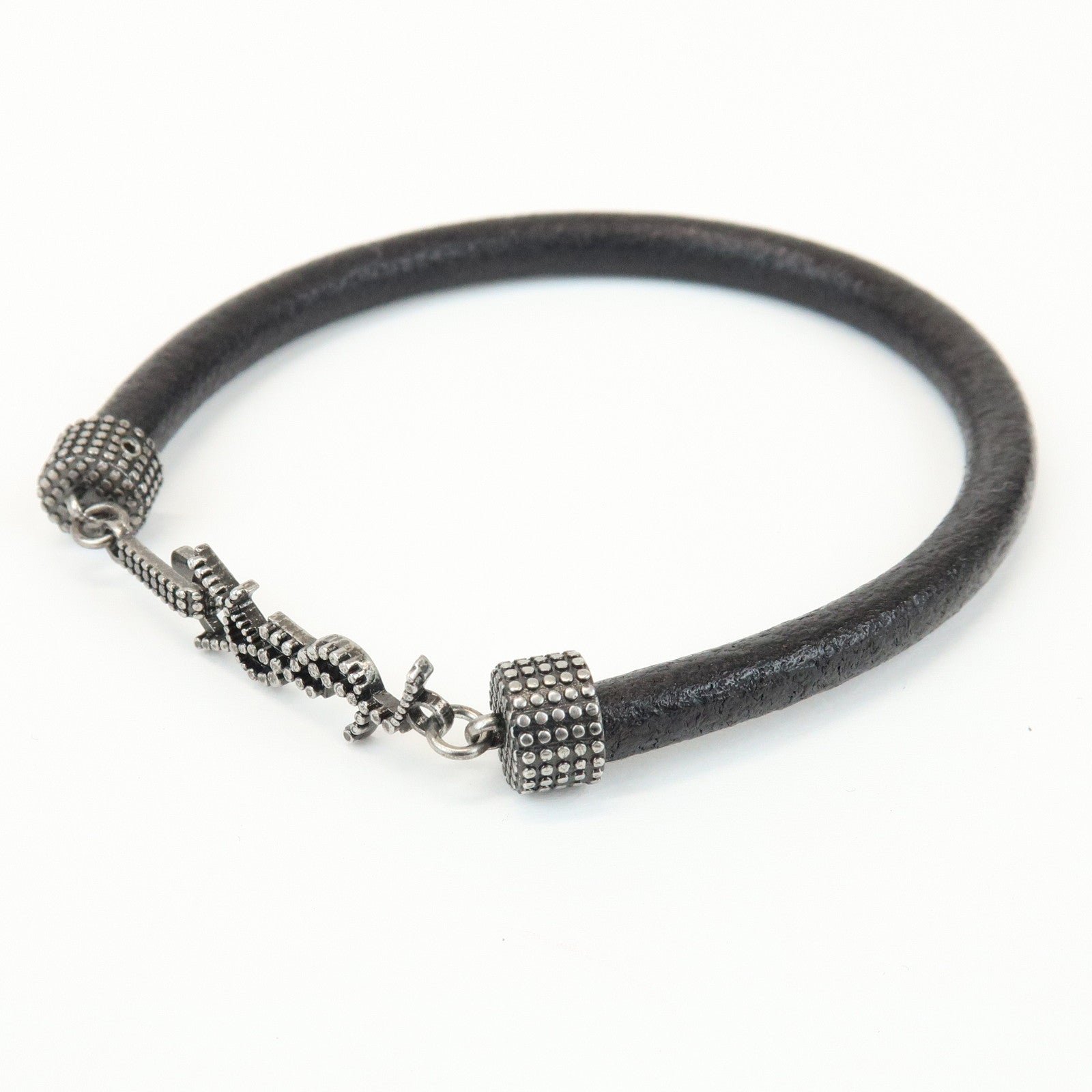SAINT LAURENT Leather Metal Cassandre Bracelet Black