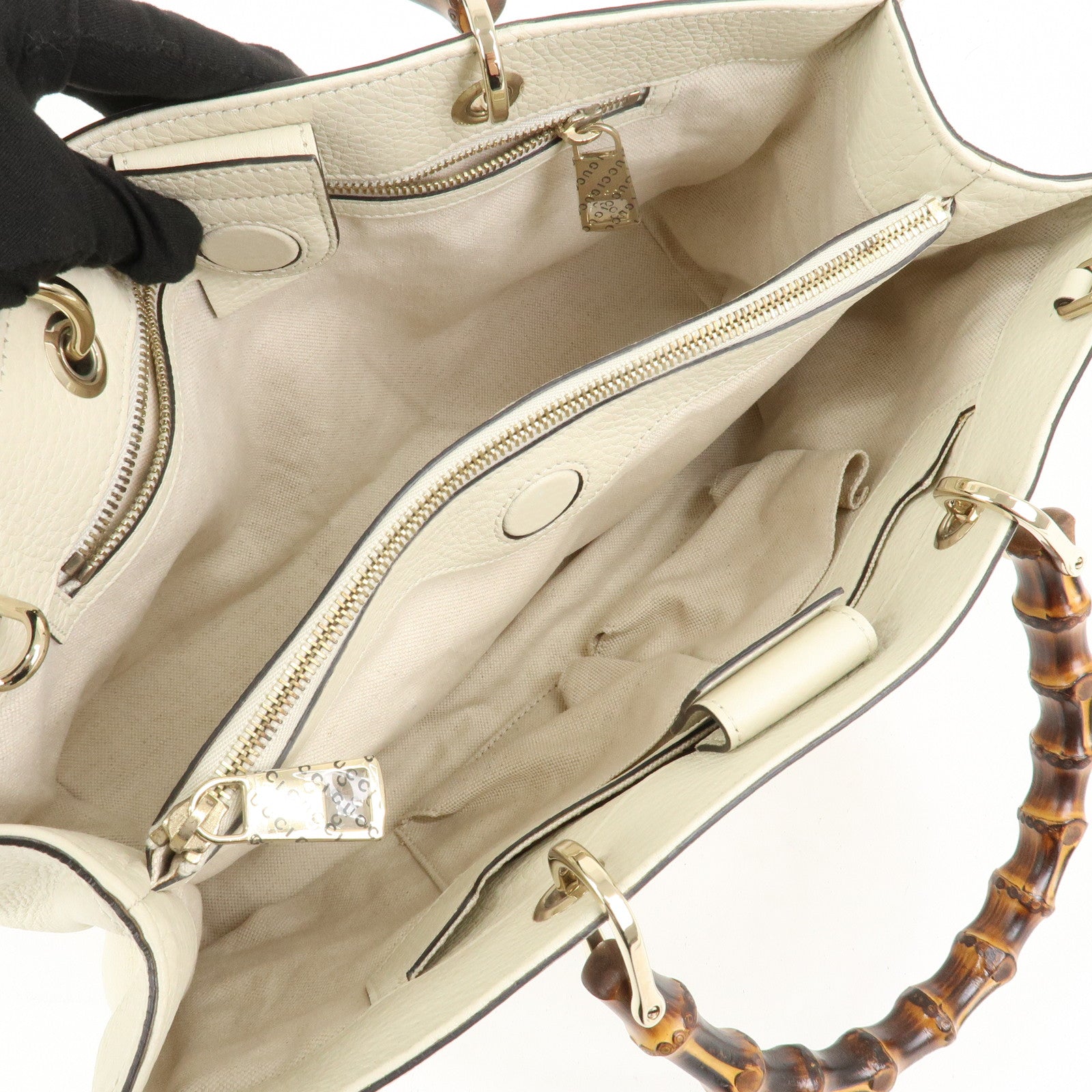 GUCCI Bamboo Leather Shopper Medium 2Way Shoulder Bag Ivory 323660