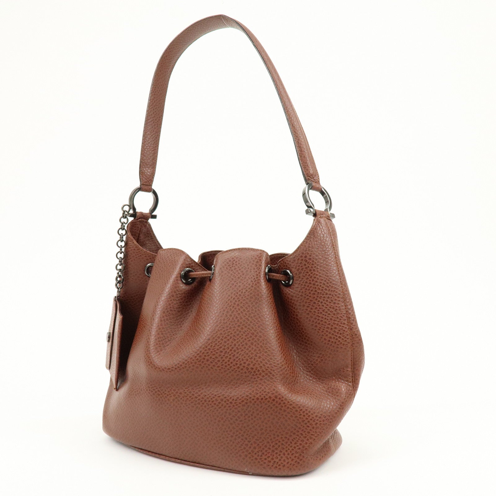 Ferragamo Gancini Leather Drawstring Bag Shoulder Bag Brown