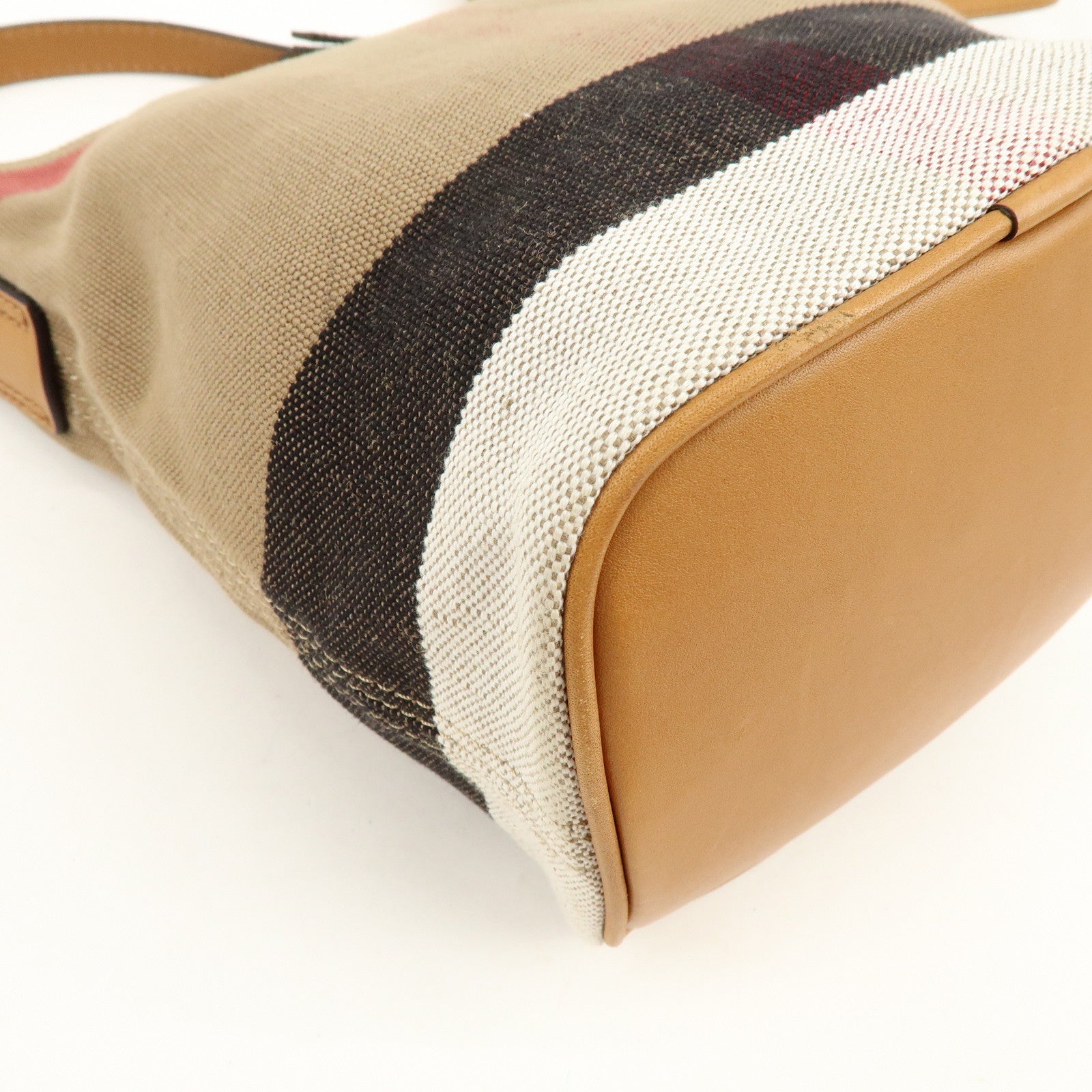 BURBERRY Nova Plaid Canvas Leather Tassel Shoulder Bag Beige Camel