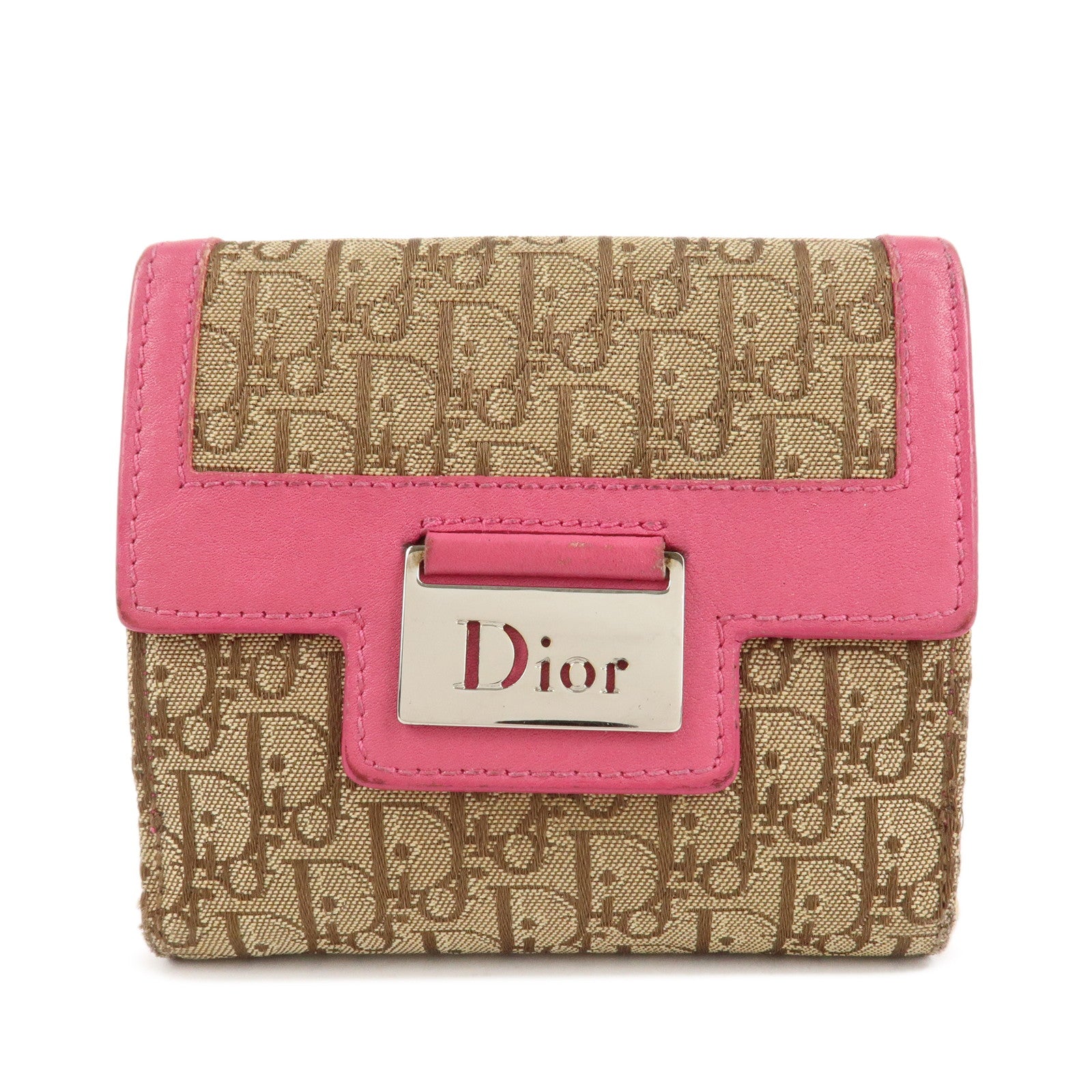 Christian Dior Street Chic Trotter Canvas Leather W Hook Wallet Pink Used