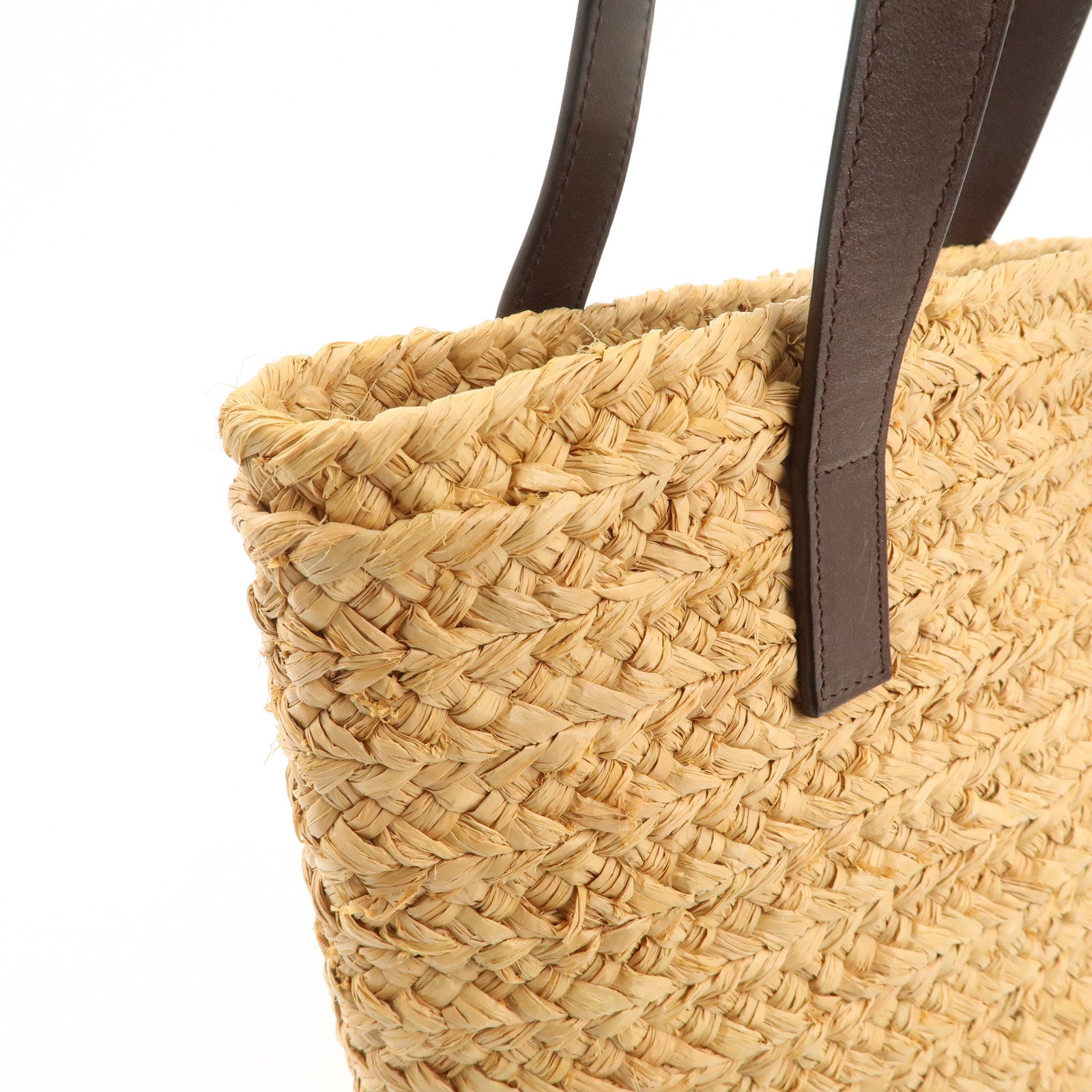 SAINT LAURENT Leather Raffia Tote Bag Shoulder Bag Beige Dark Brown Used