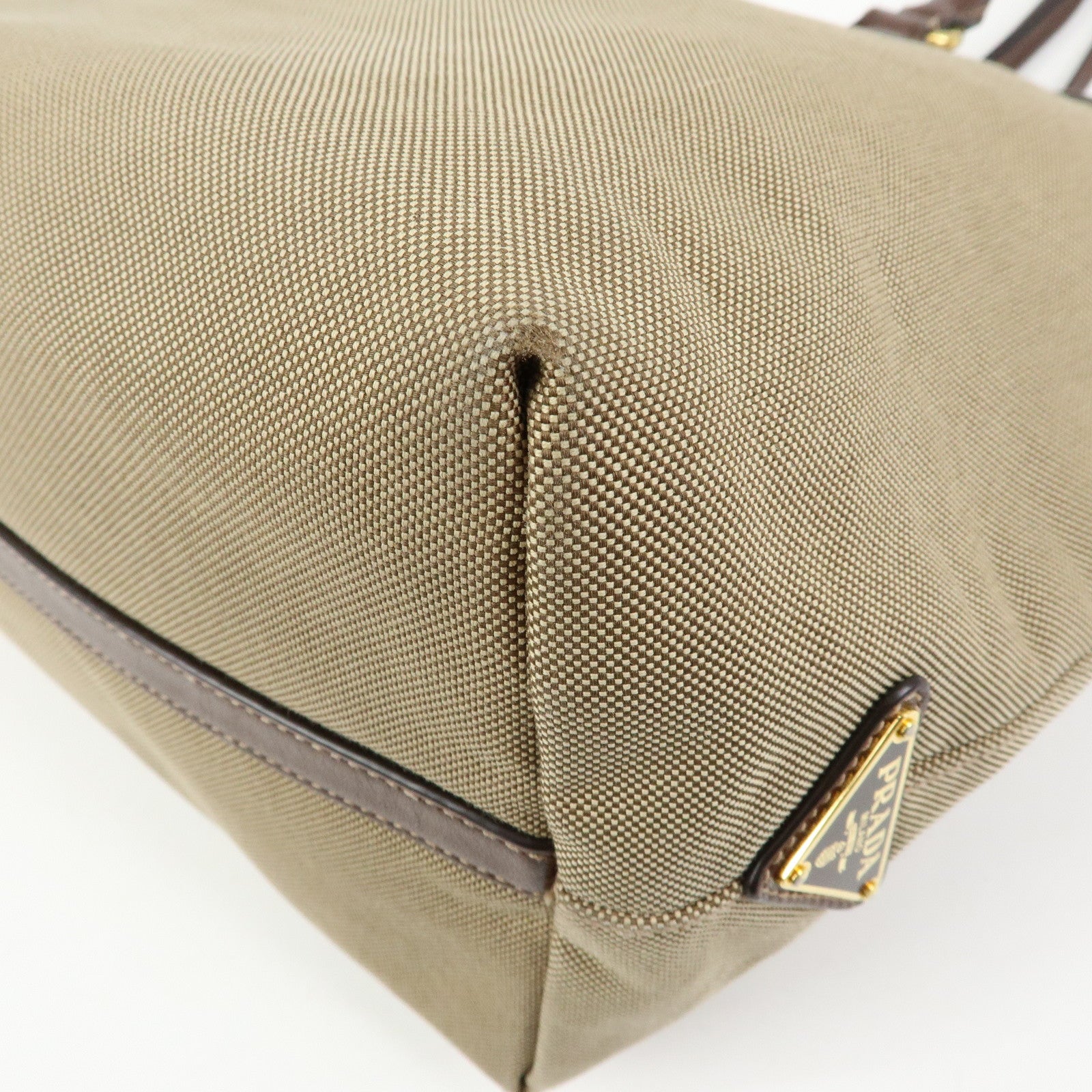PRADA Triangle Logo Jacquard Leather Tote Bag Beige Brown 1BG158