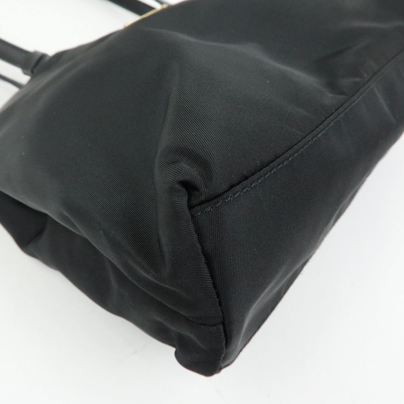 PRADA Triangle Logo Nylon Leather Tote Bag Hand Shoulder Bag Black