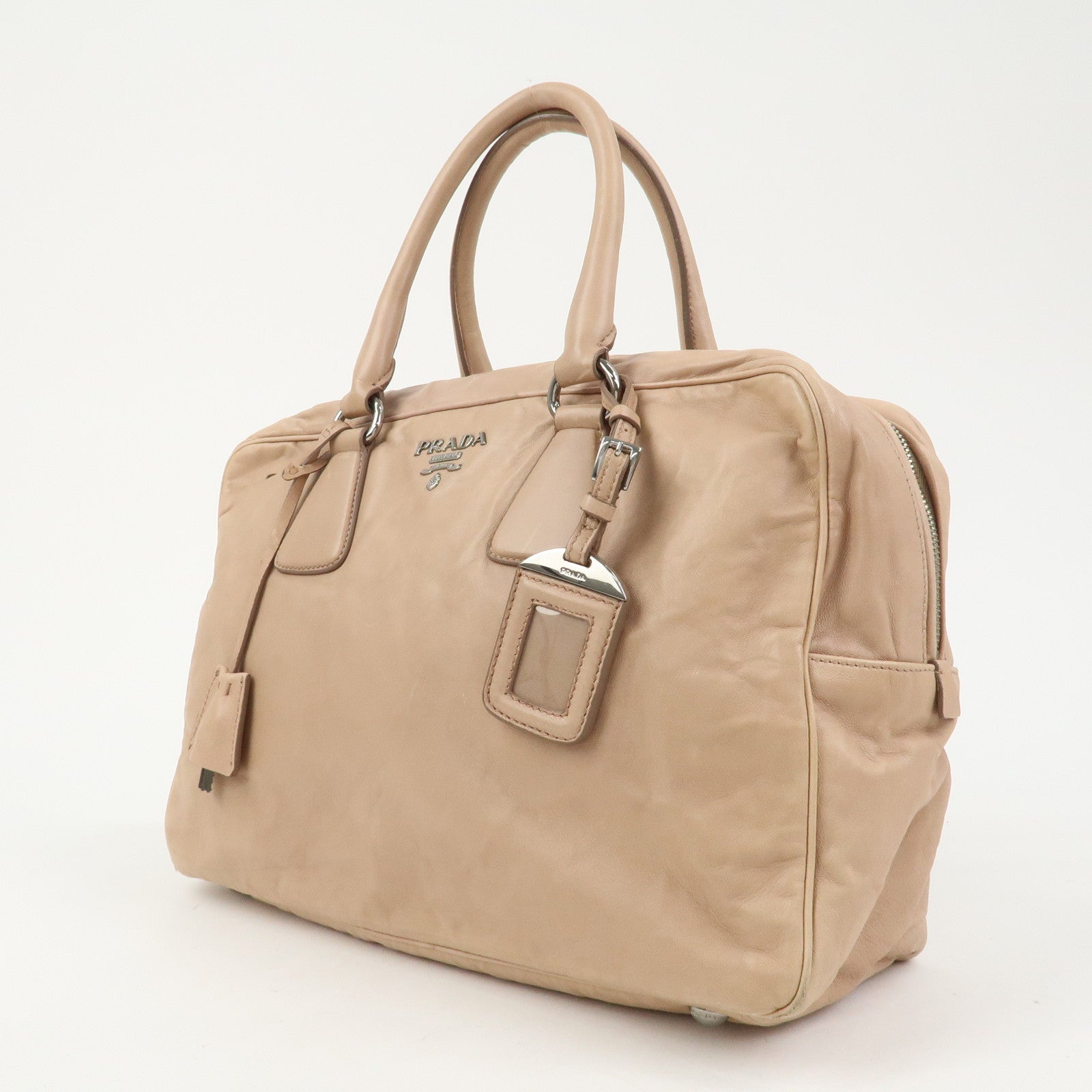 PRADA Logo Leather Hand Bag Shoulder Bag Pink Beige BL094F