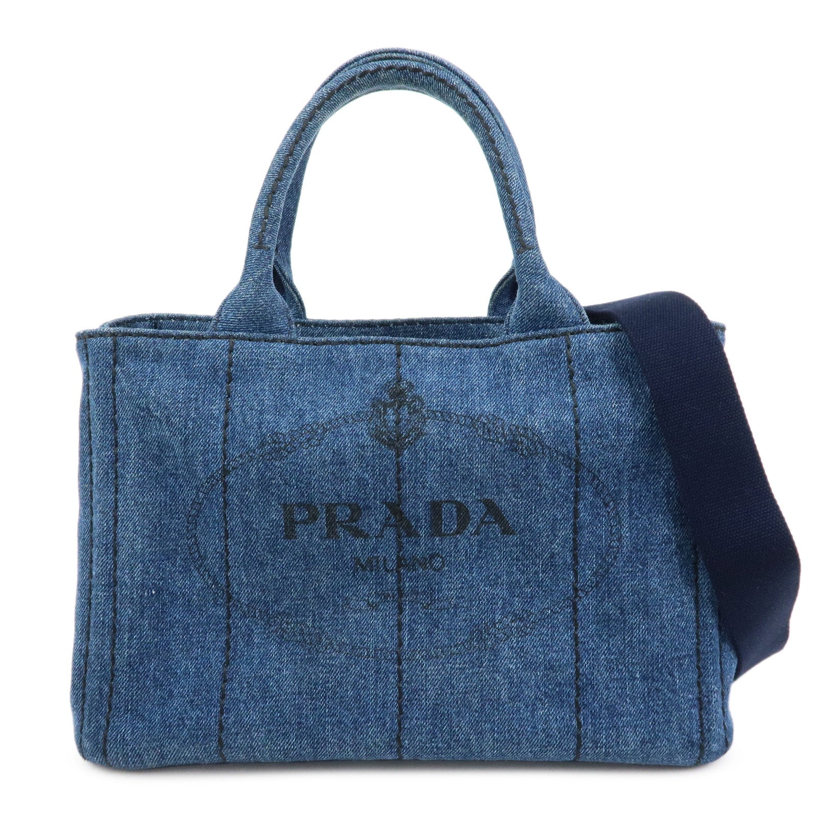 PRADA Canapa Mini Triangle Logo Denim 2Way Hand Bag Blue 1BG439
