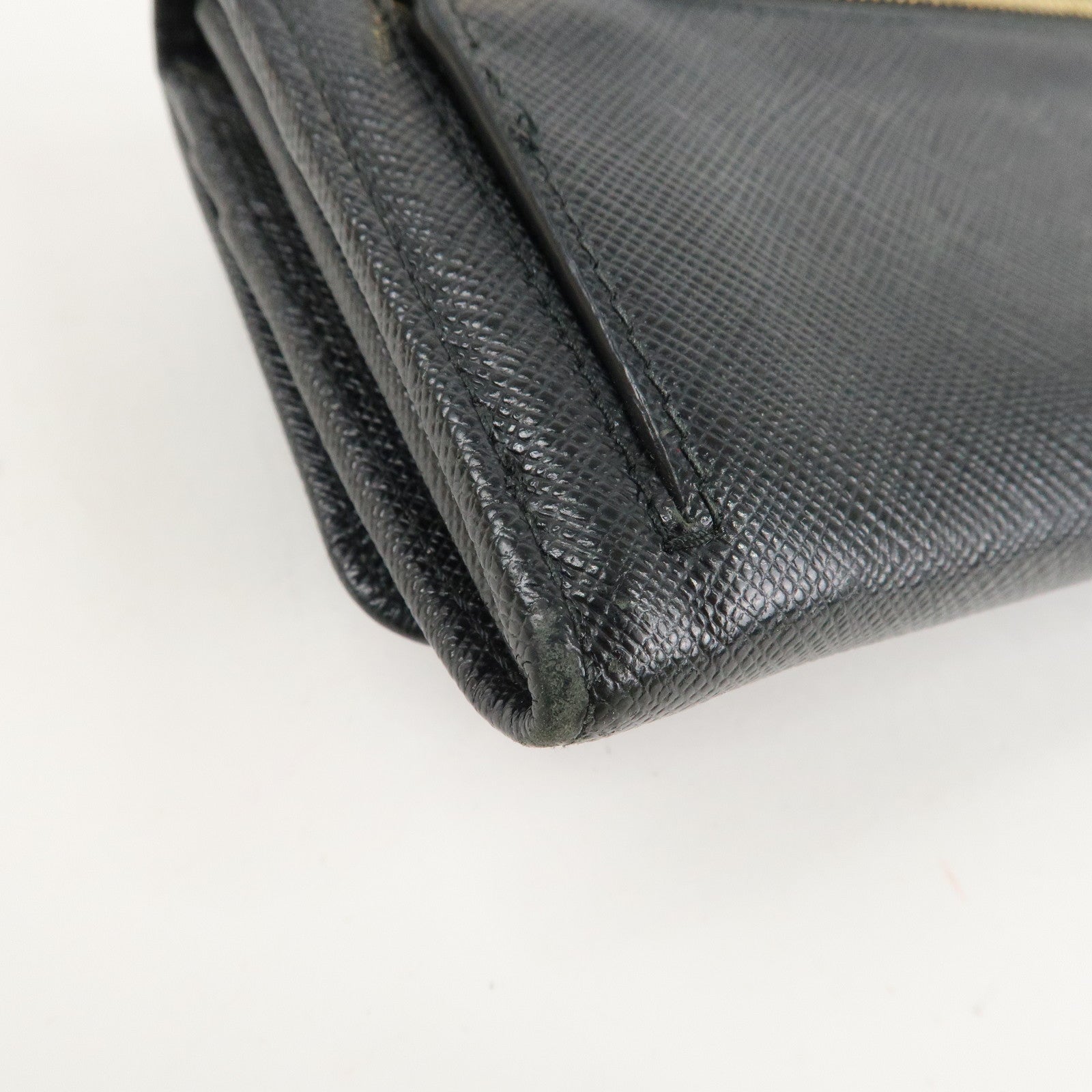 PRADA Saffiano Leather Flap Bi-Fold Long Wallet Black Gold 1MH132 Used